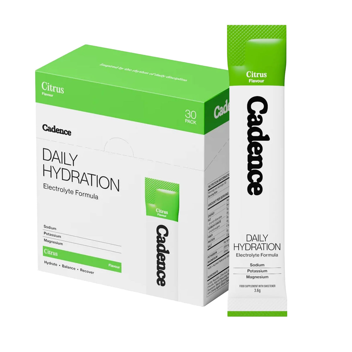 Cadence caja frontal mostrando 30 sobres, conveniencia y frescura