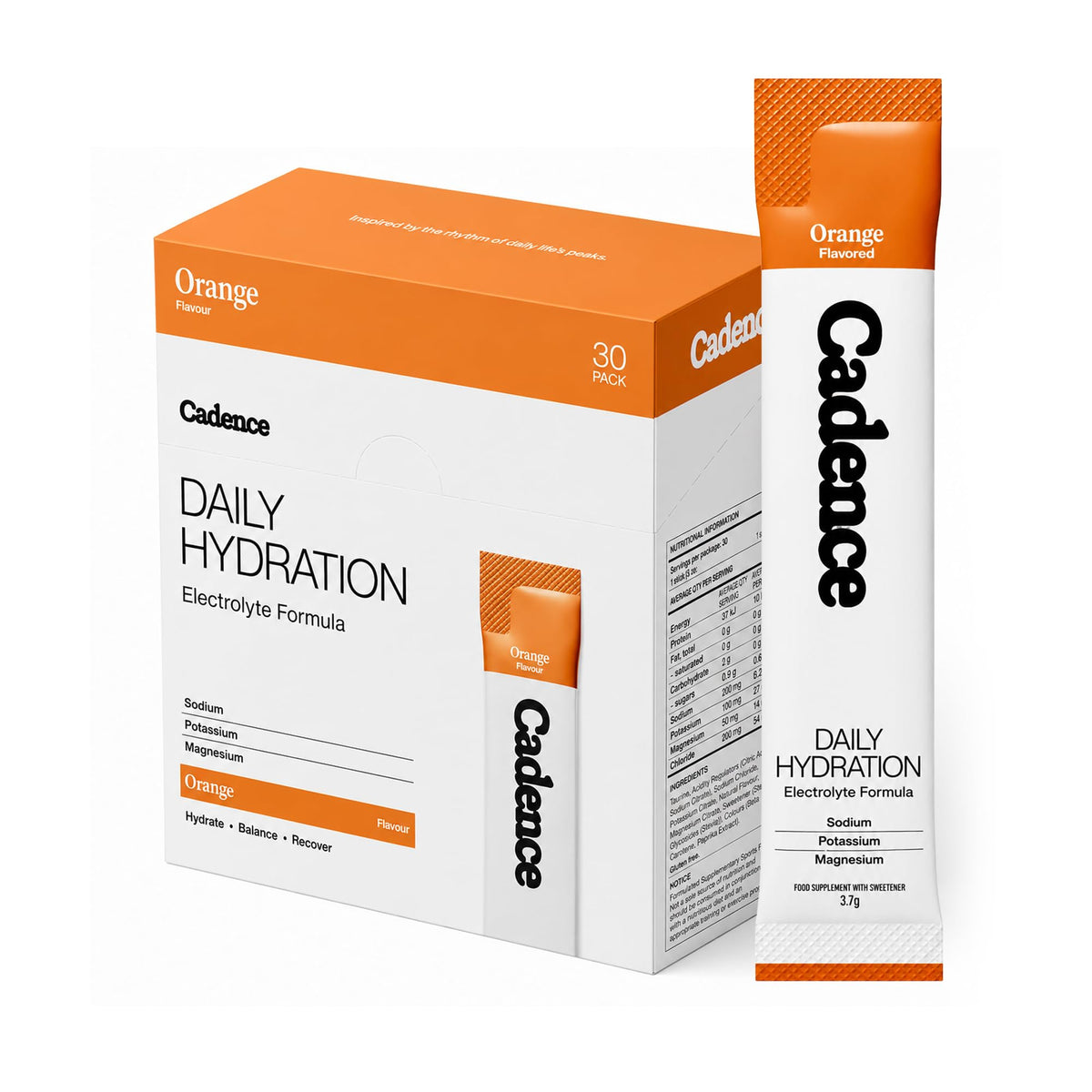 Cadence sachets Core Orange frontal del empaque mostrando cantidad y sabor, conveniencia para deportistas