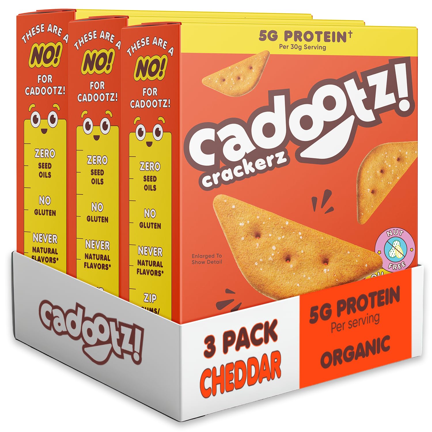 cadootz empaque frontal cheddar mostrando porciones y sello orgánico