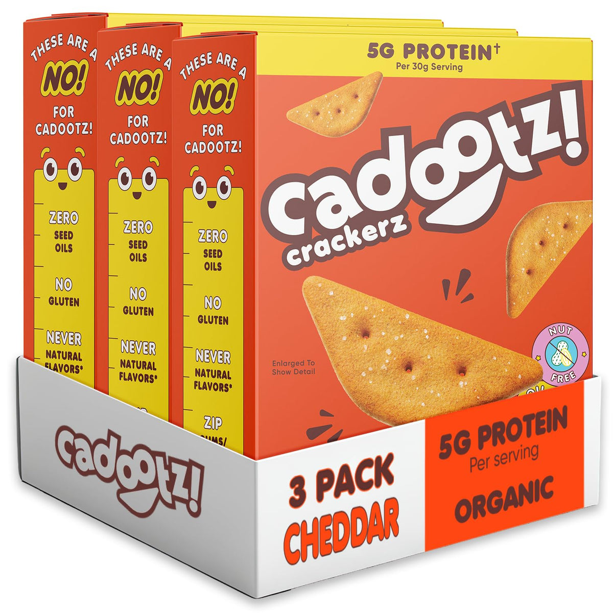 cadootz empaque frontal cheddar mostrando porciones y sello orgánico