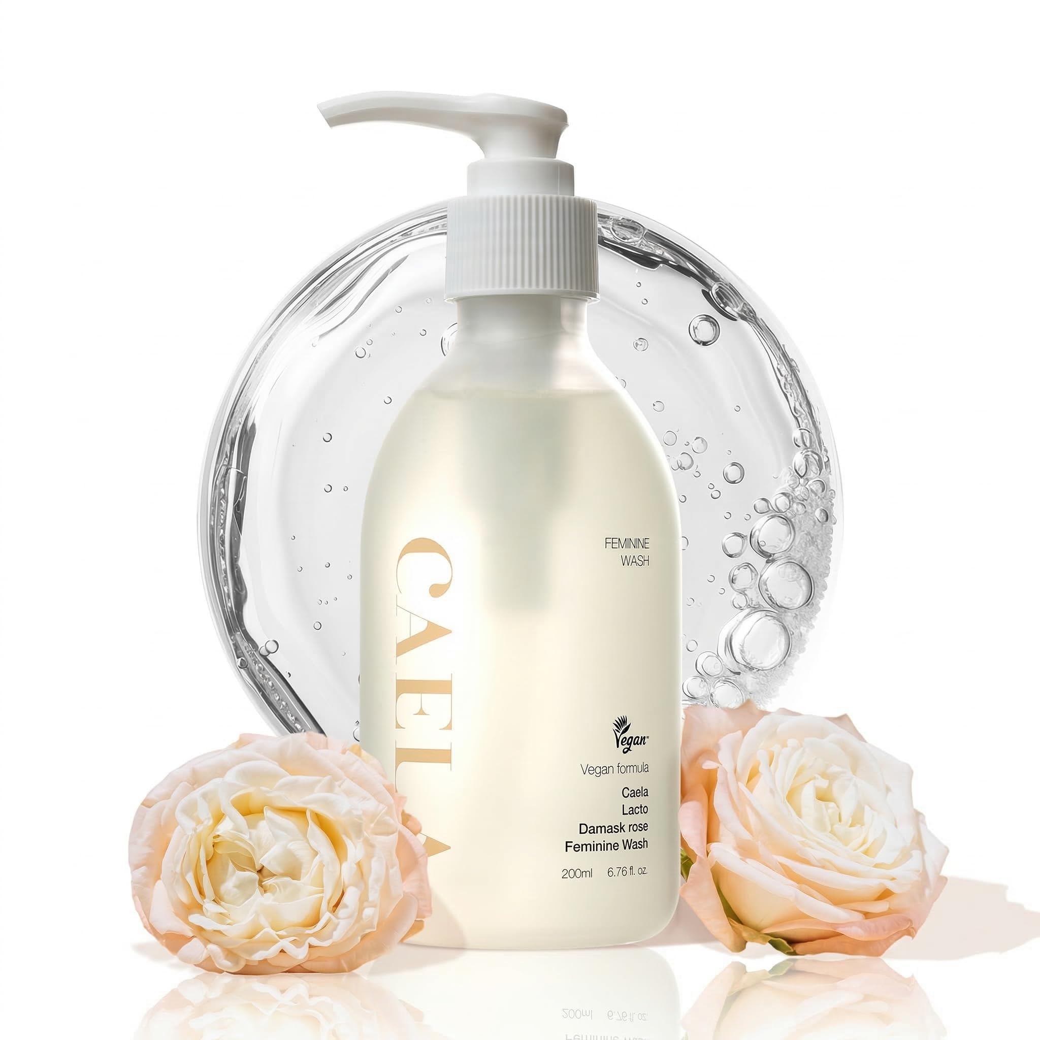 CAELA gel íntimo frente del envase mostrando diseño y volumen 200 ml, limpieza suave