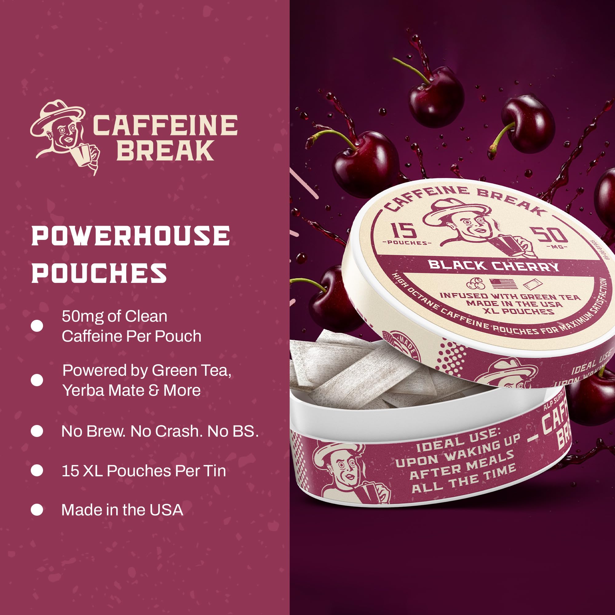 Caffeine Break pouch al lado de una regla para comparar tamaño XL y duración