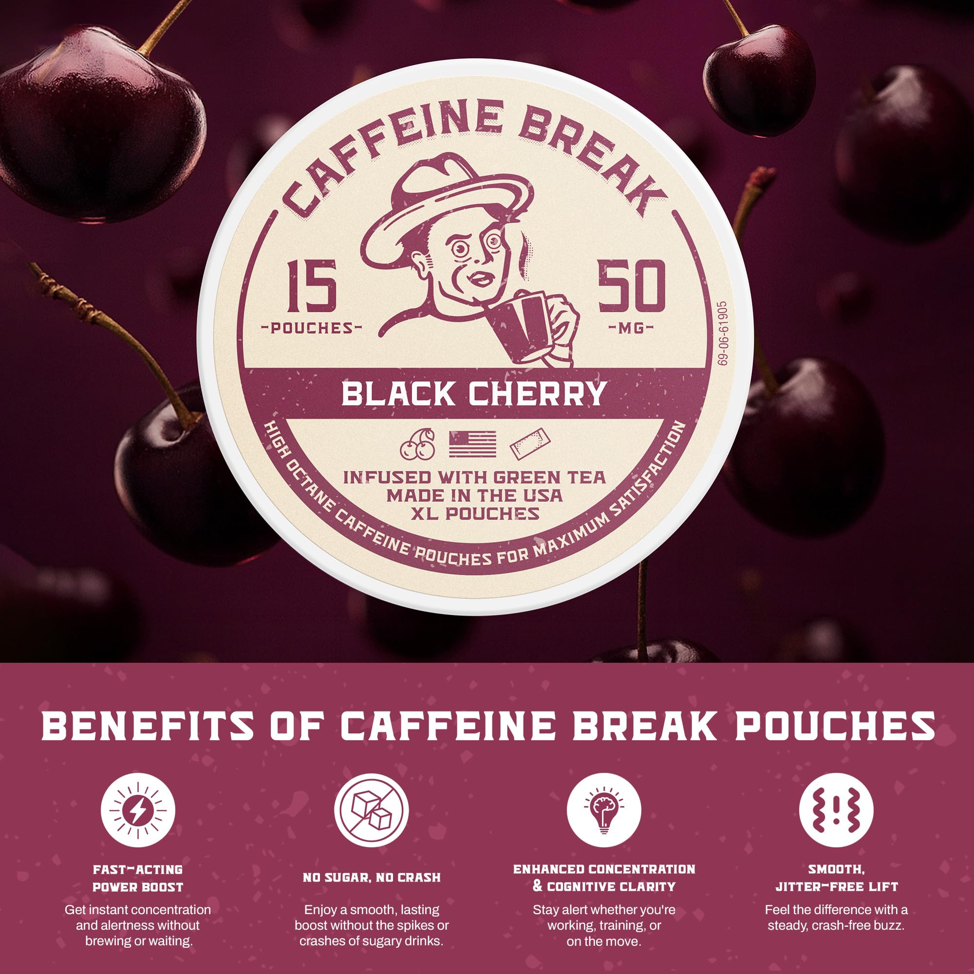 Caffeine Break etiqueta con información de 50 mg cafeína por pouch y origen EEUU