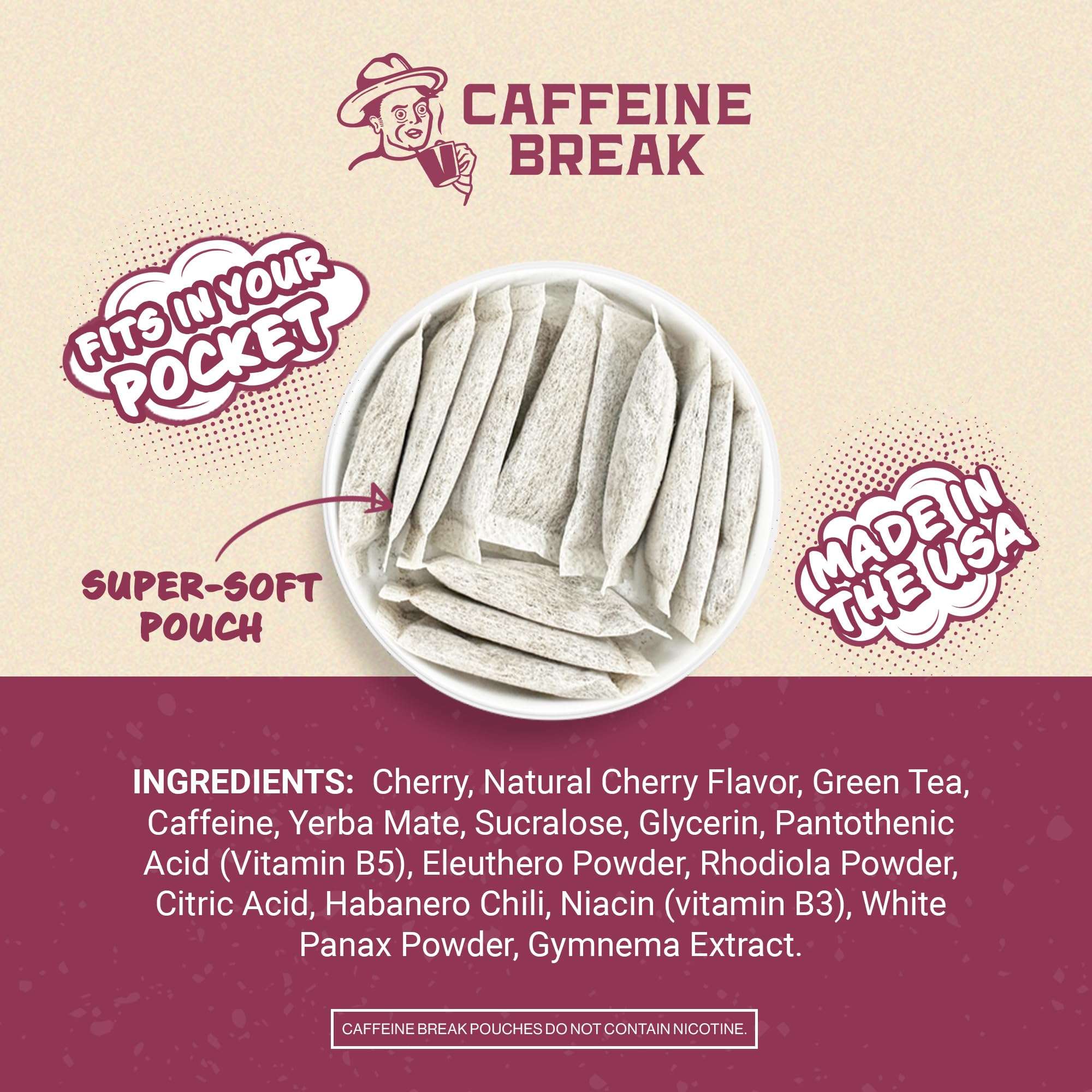 Caffeine Break lata abierta con 15 pouches XL visibles, almacenamiento ordenado y conveniente