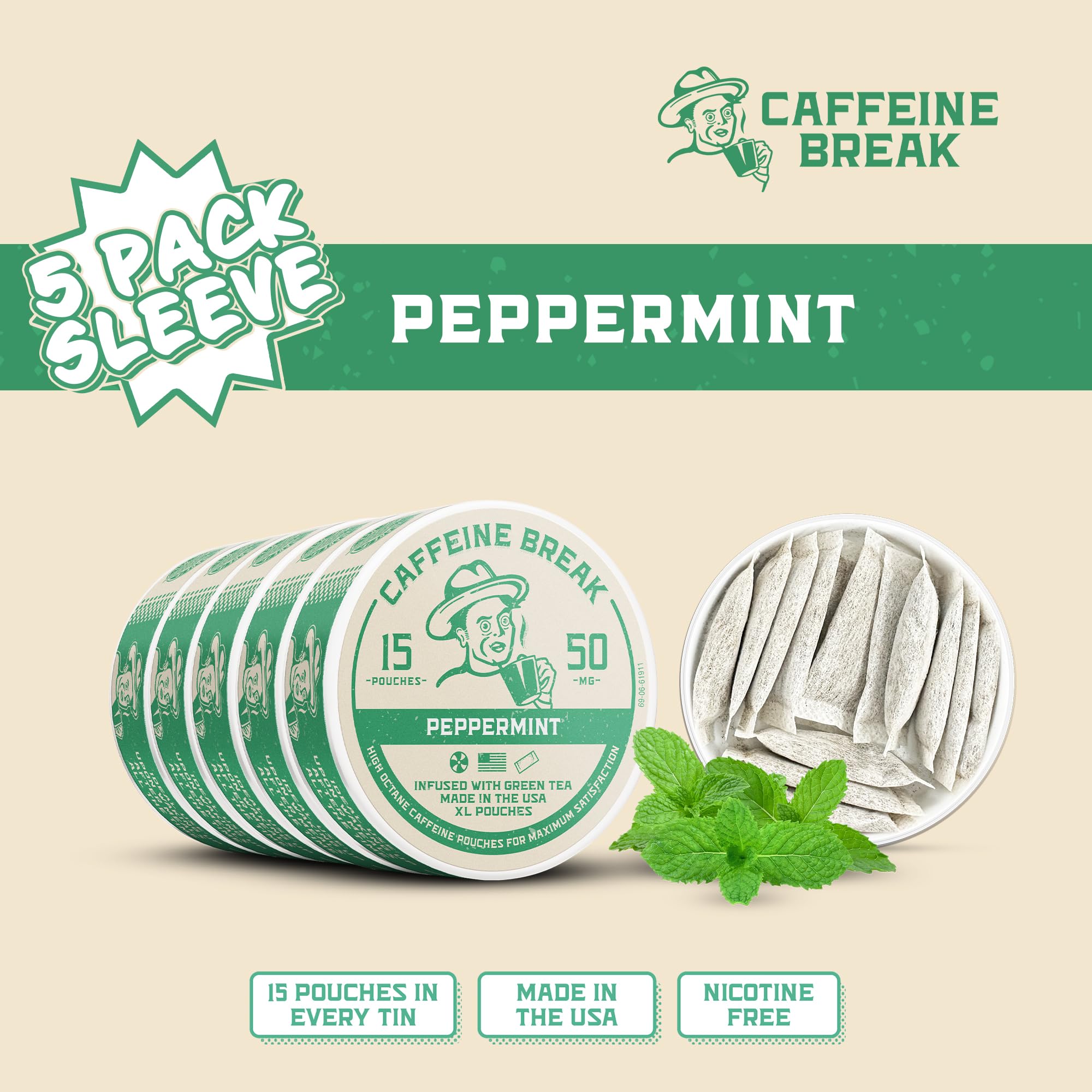 Caffeine Break pouch en uso en boca para energía discreta y rápida