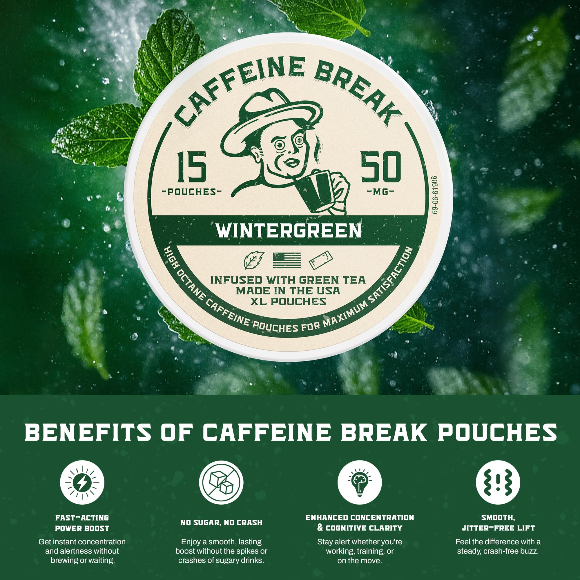 Caffeine Break latas abiertas con pouches visibles que muestran el contenido de cada tin