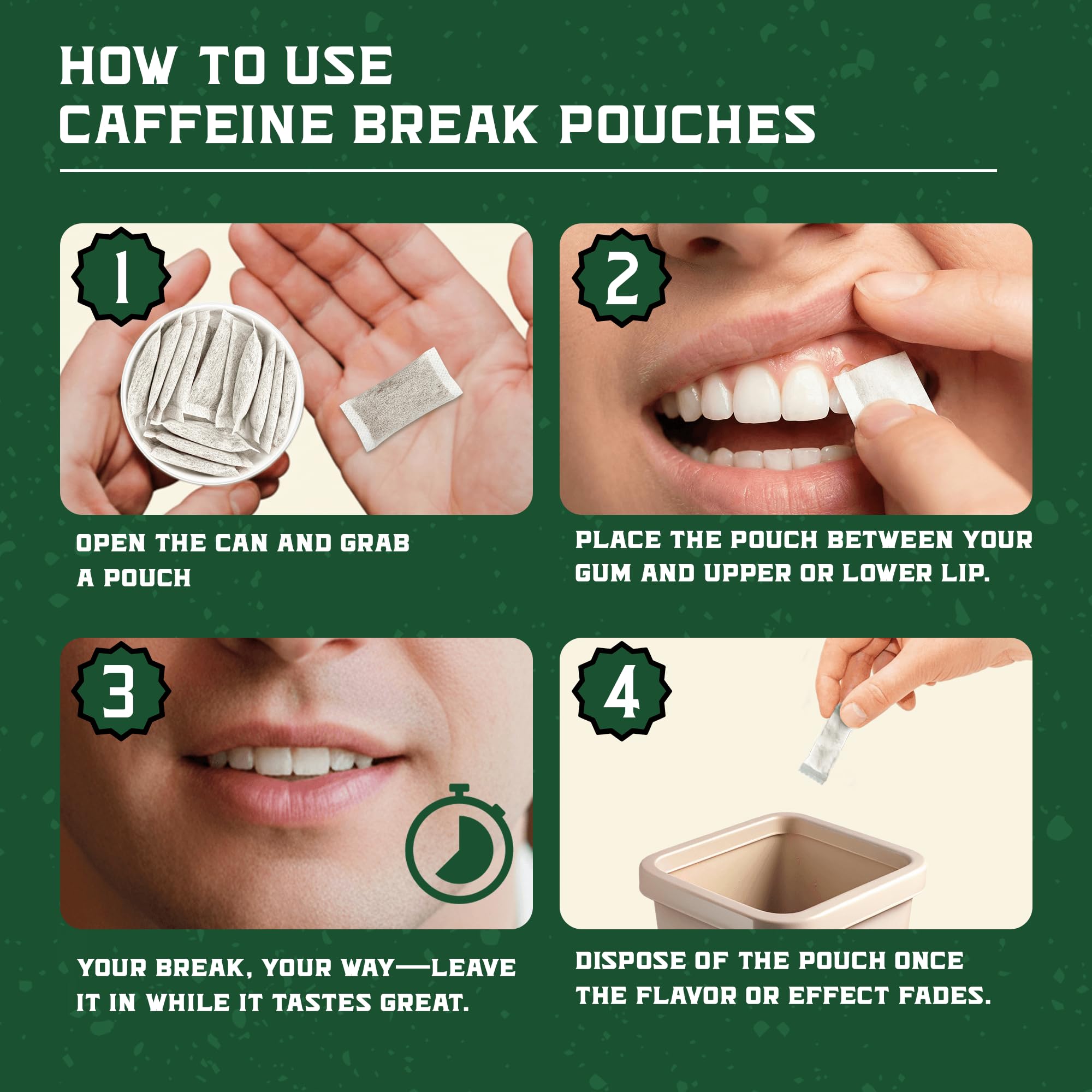 Caffeine Break primer plano de textura del pouch que resalta liberación sostenida de sabor