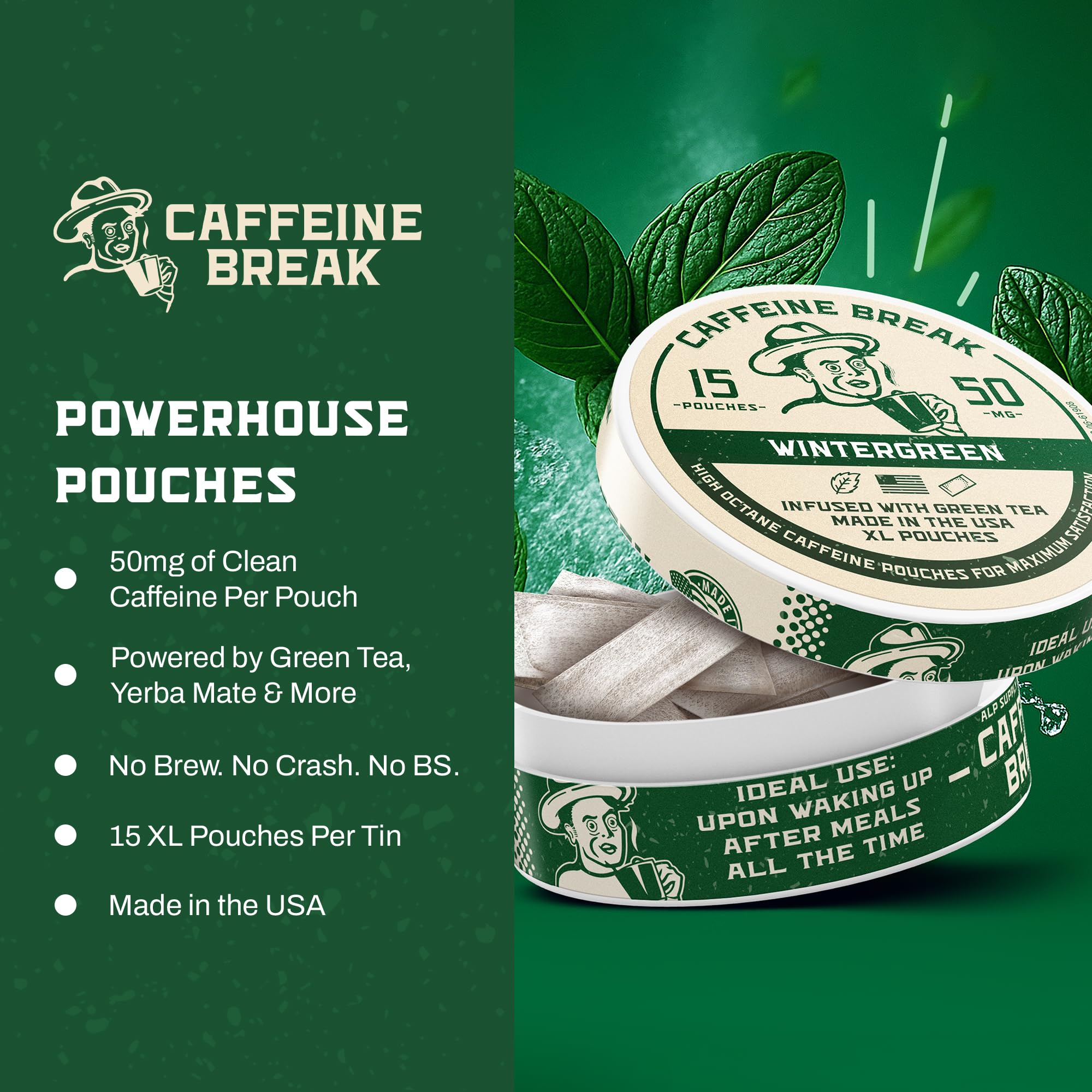 Caffeine Break detalle de la etiqueta con información de cafeína y fabricación en USA
