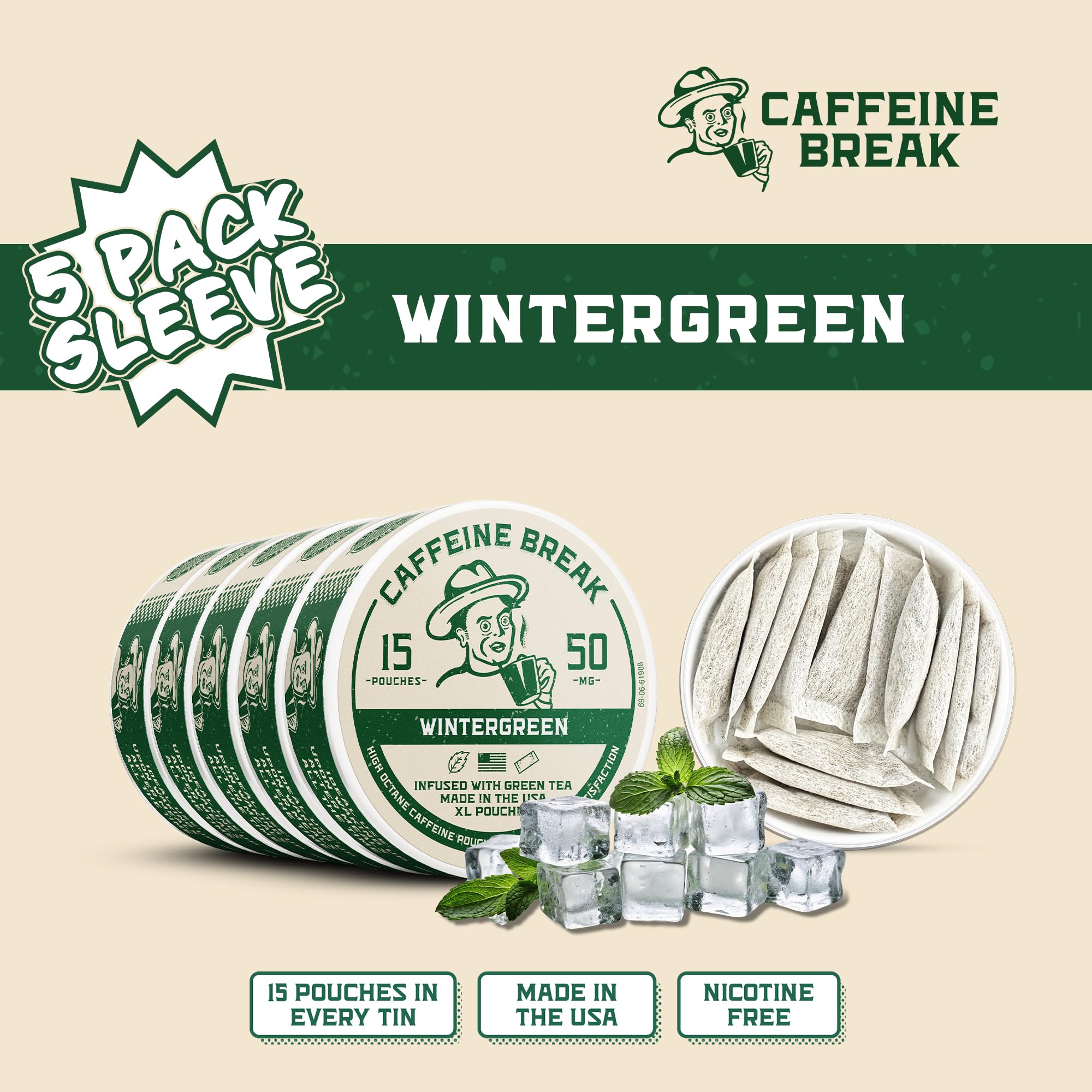 Caffeine Break comparación de tamaño del pouch junto a objetos diarios para referencia