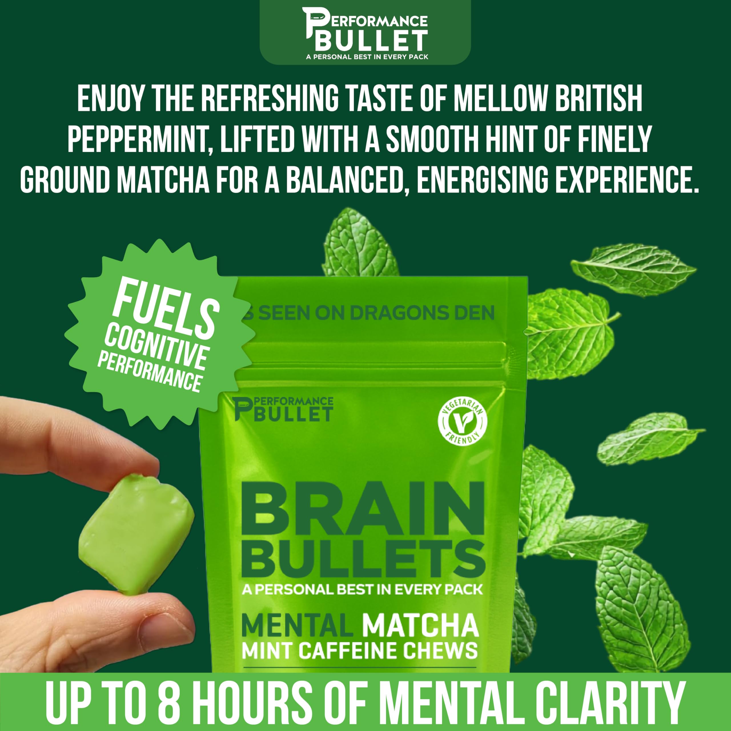 Caffeine Bullet masticable textura cercana que sugiere sabor fresco y menta
