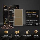 CAFFEINE PATCH 100 parche junto a una mano para comparar tamaño y portabilidad