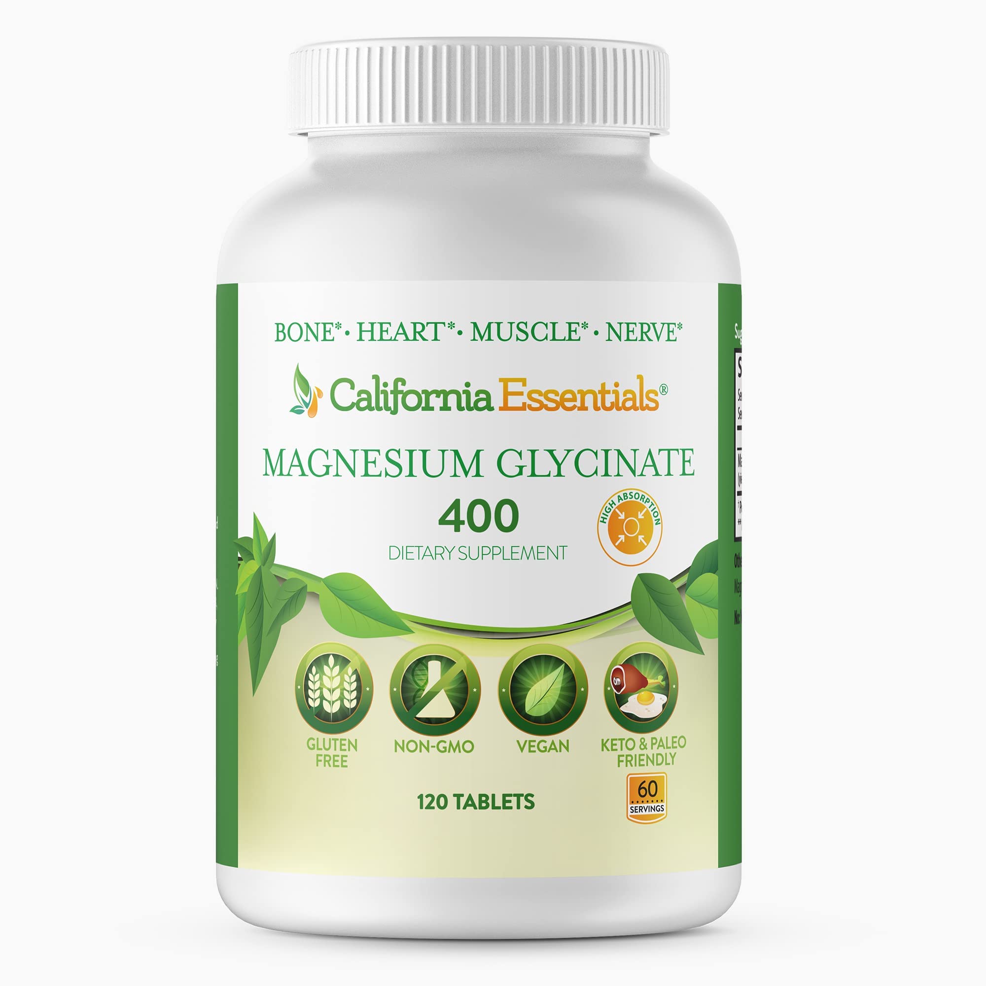 California Essentials envase frontal de Magnesium Glycinate 400 mostrando información clave y beneficios