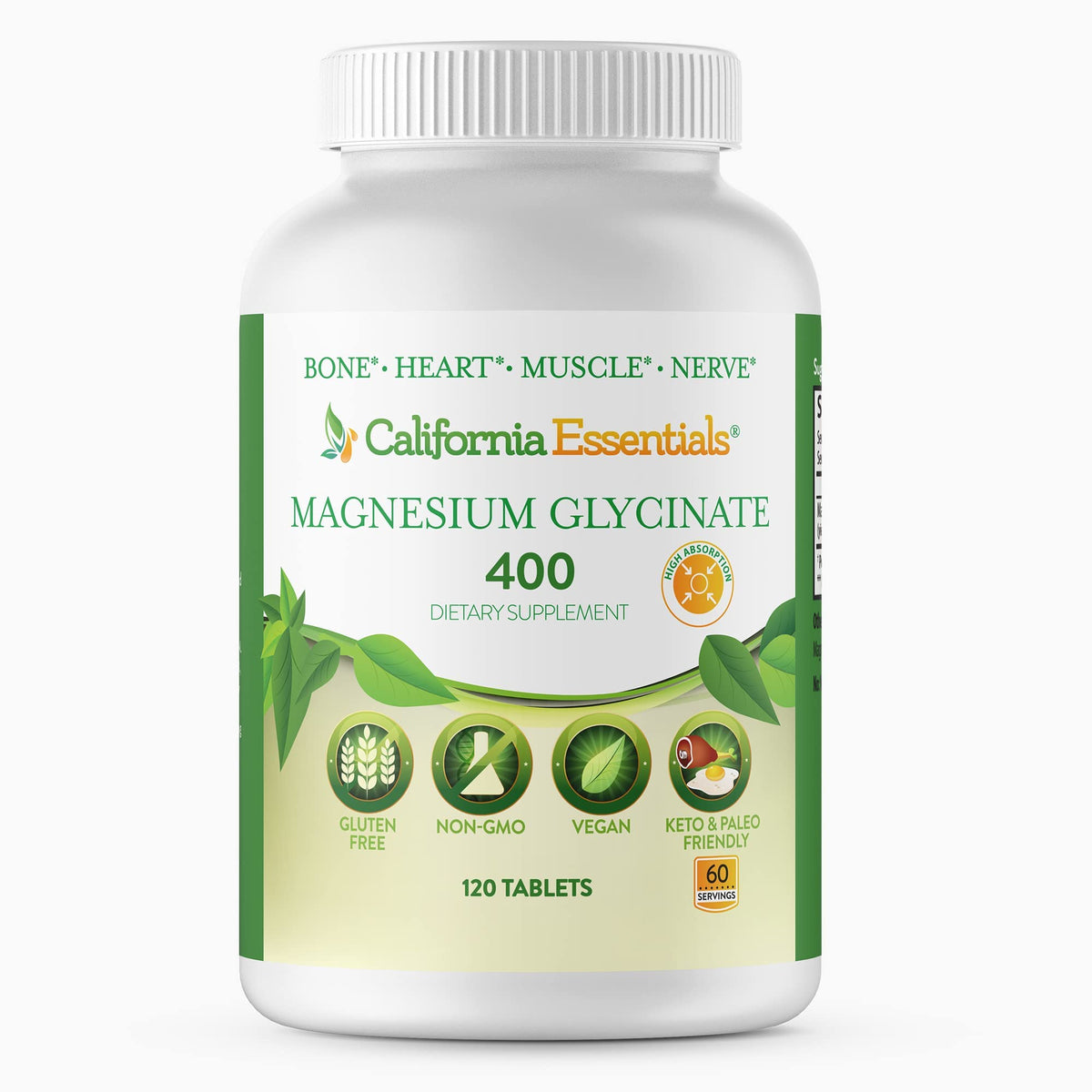 California Essentials envase frontal de Magnesium Glycinate 400 mostrando información clave y beneficios
