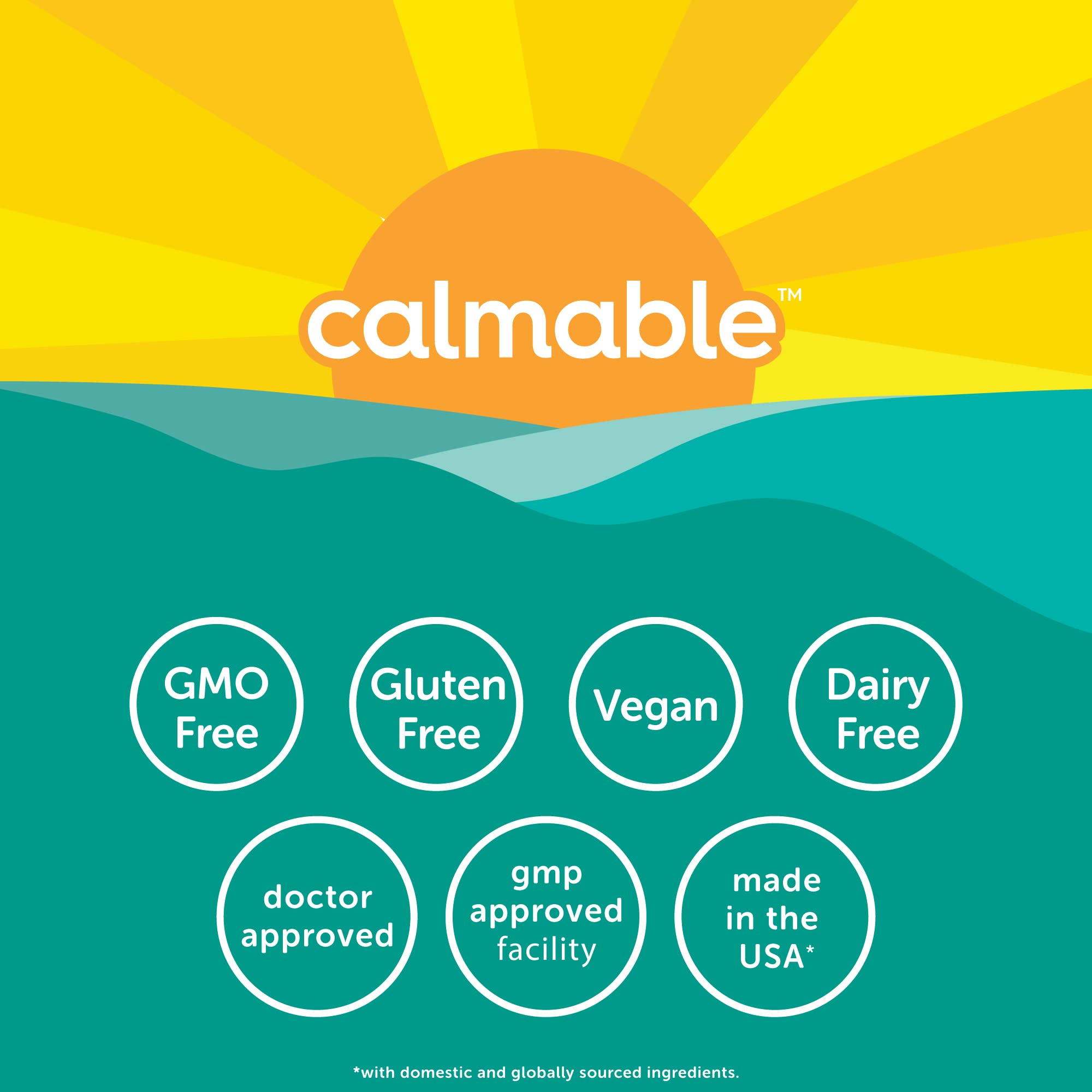 Calmable etiqueta con lista de ingredientes y certificación GMP clara