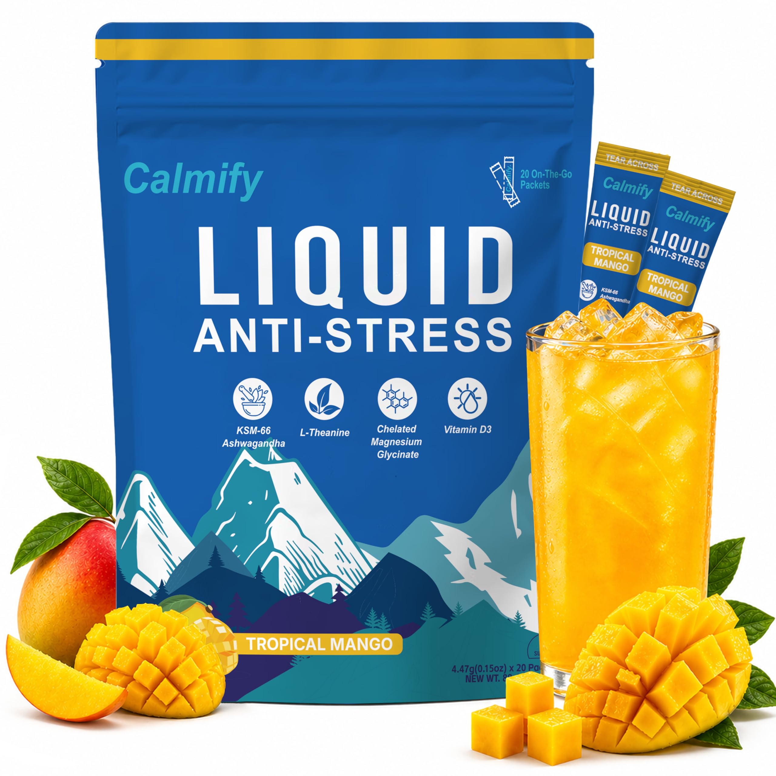 Calmify frente del empaque mango mostrando 20 sobres y beneficios de conveniencia