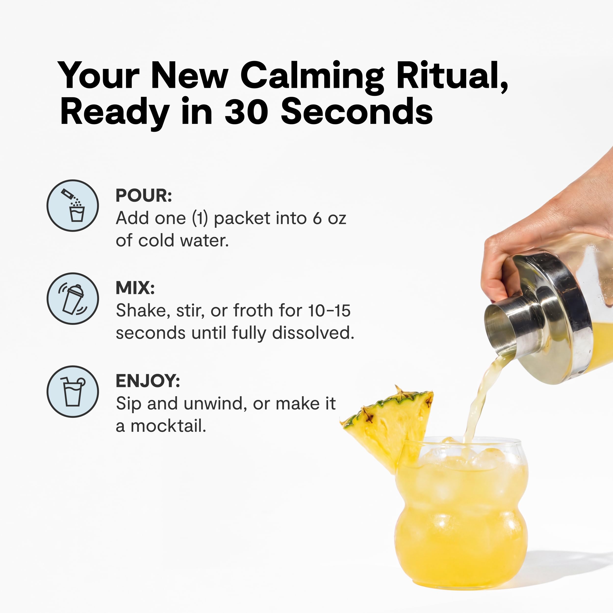 Calming Co Ü Relax 2.0 bebida en vaso con hielo, sabor piña y refresco sin azúcar