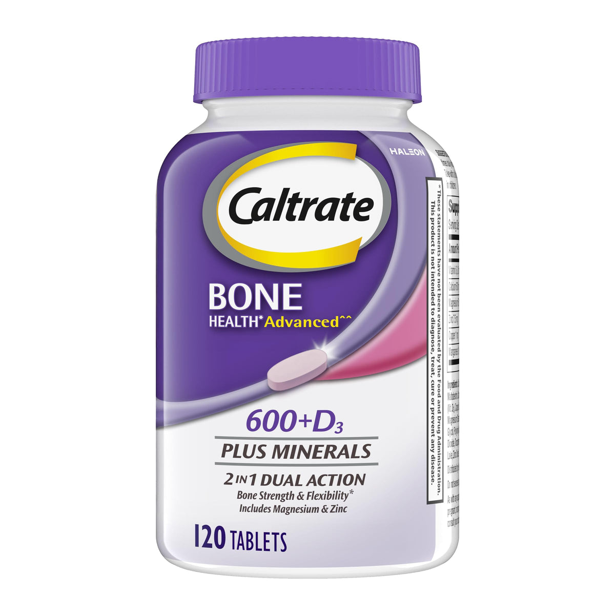 Caltrate frasco frontal mostrando etiqueta y cantidad 120 tabletas, comodidad de uso