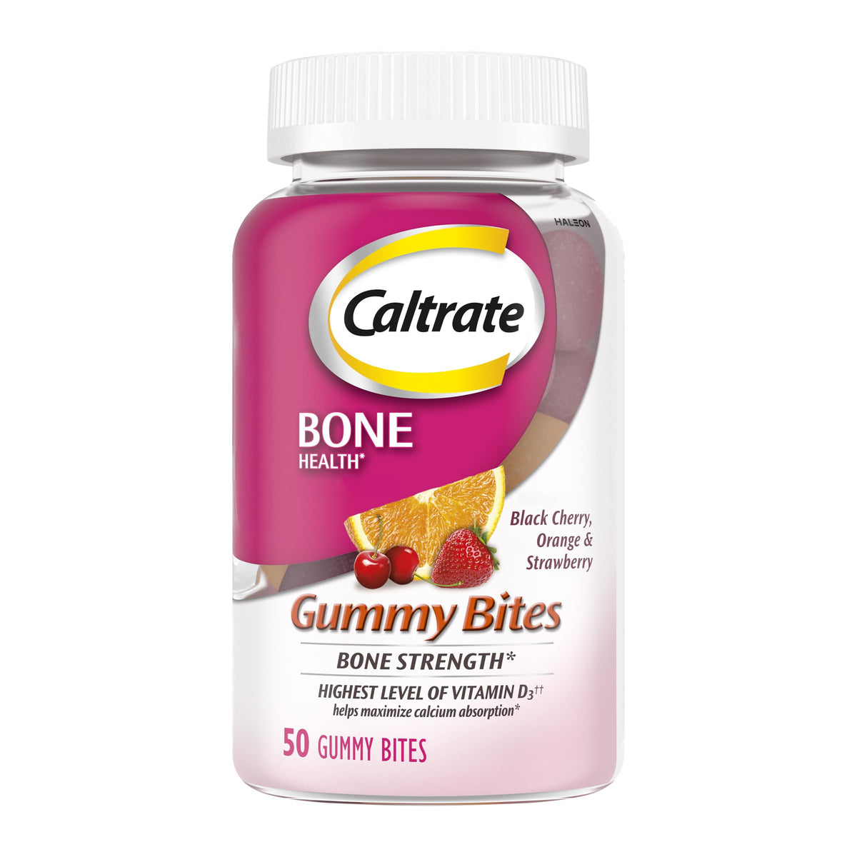 Caltrate frasco frontal mostrando 50 gomitas y beneficios de calcio