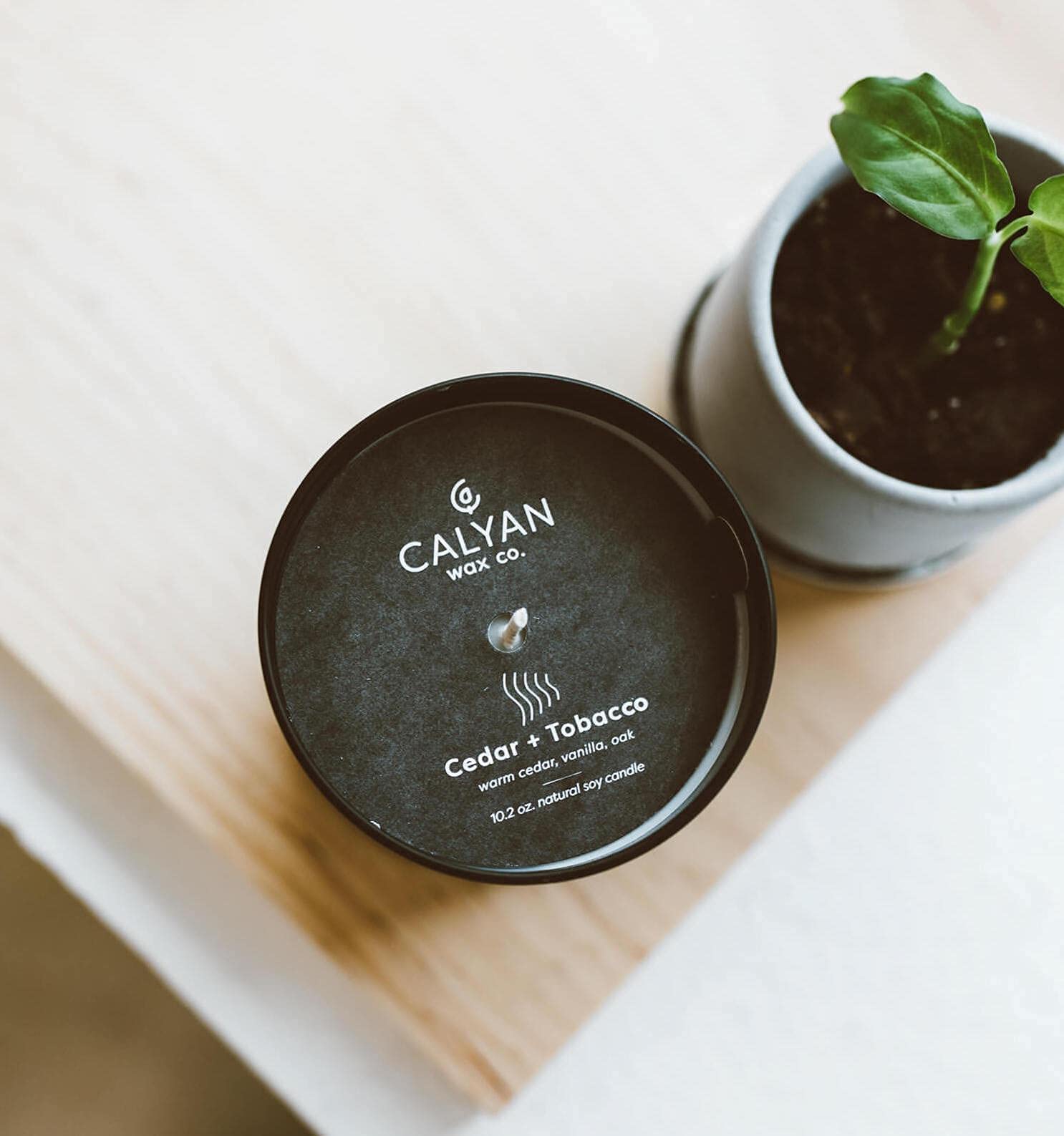 Calyan Wax Co. vela al lado de libro para ver proporción y tamaño