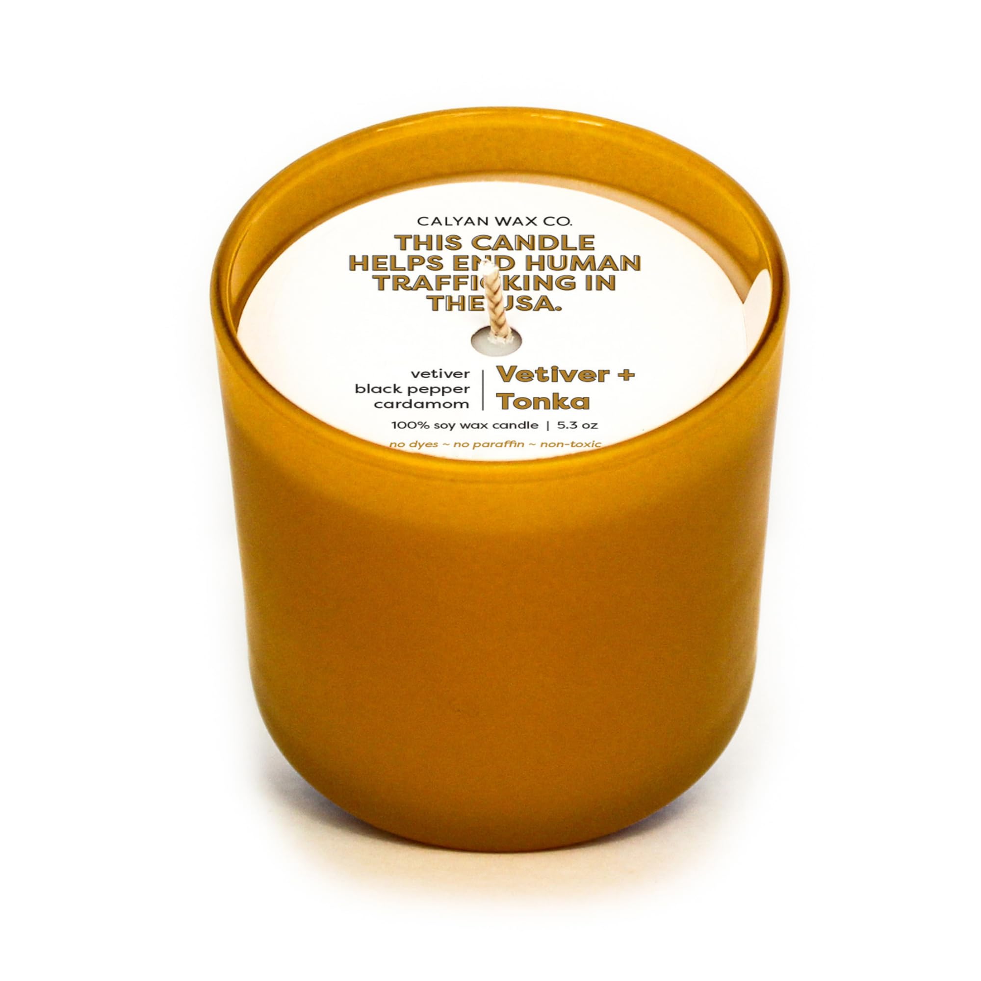 Calyan Wax Co. vaso dorado frontal muestra diseño elegante y lujo