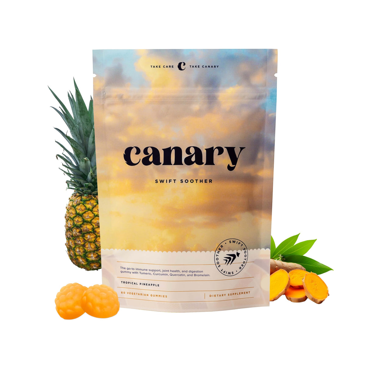 Canary envase frontal Swift Soother con etiqueta clara y sabor piña