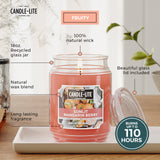 CANDLE-LITE etiqueta y texto de fragancia en primer plano, informa notas olfativas