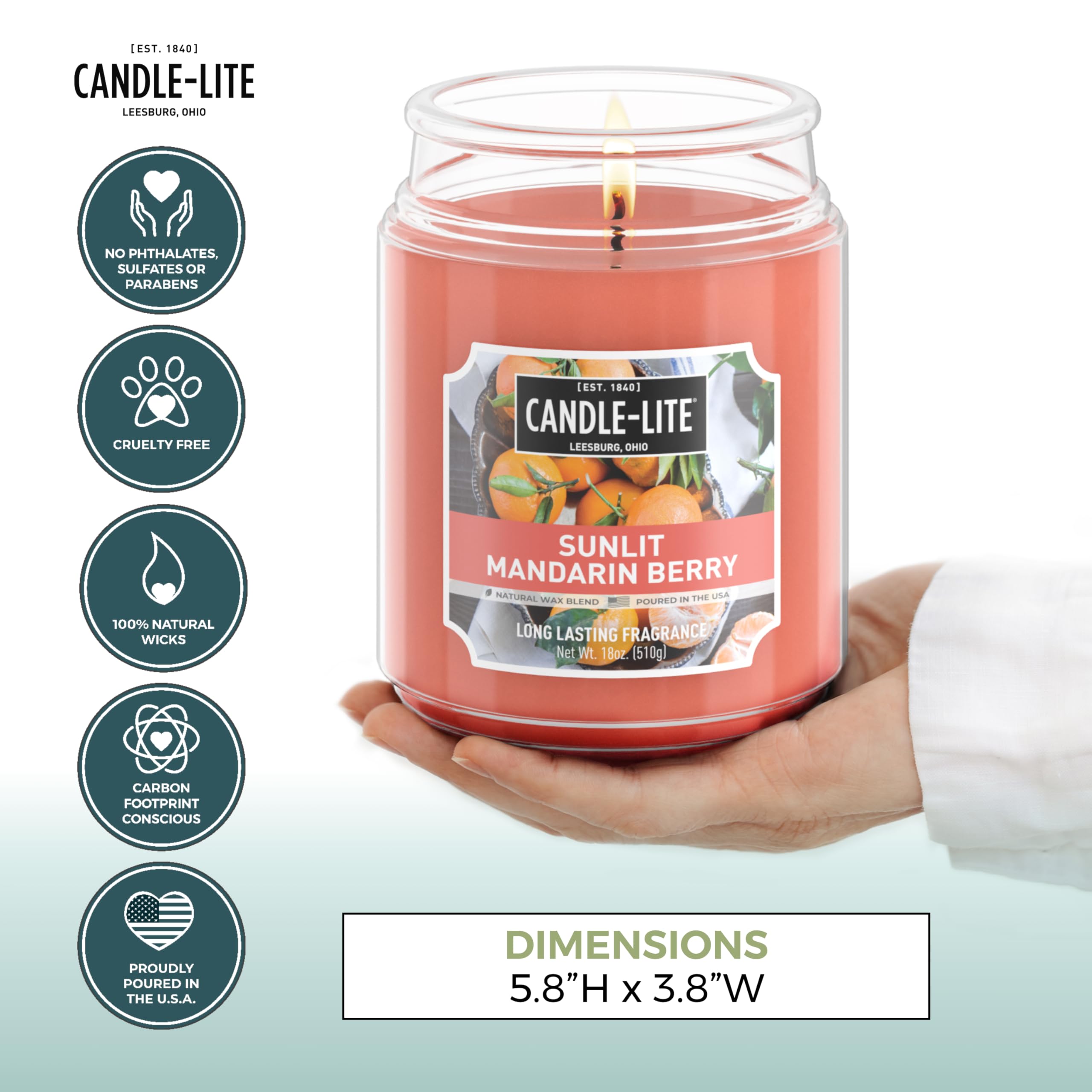 CANDLE-LITE vela encendida en mesa, crea ambiente cálido y perfumado