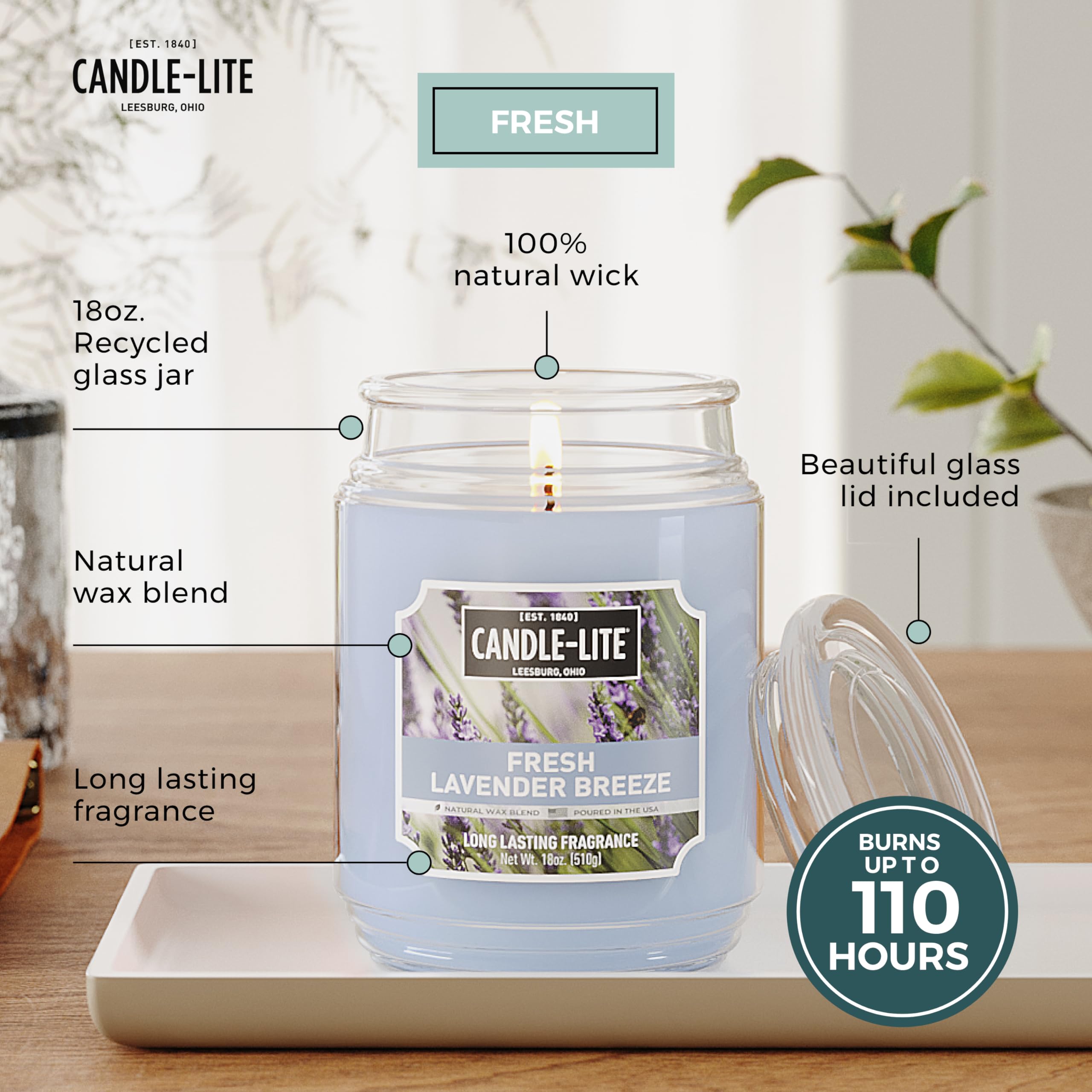CANDLE-LITE textura de cera lila enfocada, destaca calidad de combustión