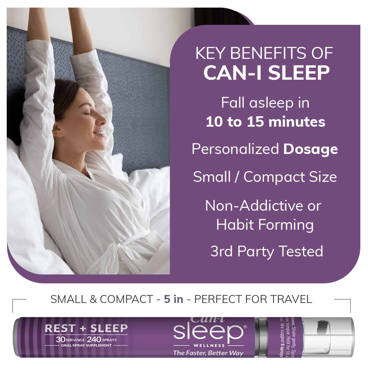 Can-i Sleep Spray comparación de tamaño en mano, práctico para viaje