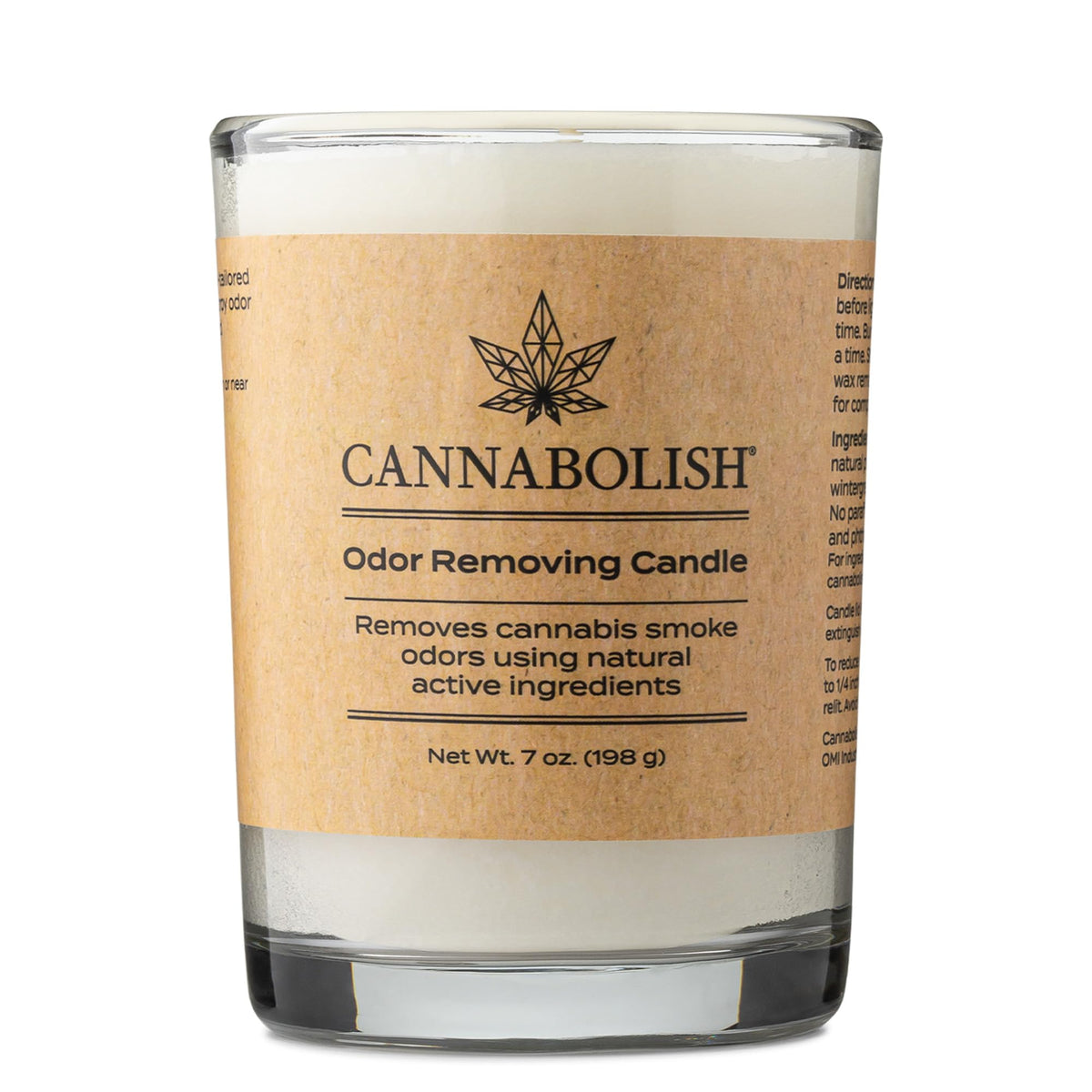 Cannabolish vela frontal en envase de vidrio mostrando diseño y beneficio neutralizador