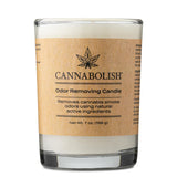 Cannabolish vela frontal en envase de vidrio mostrando diseño y beneficio neutralizador