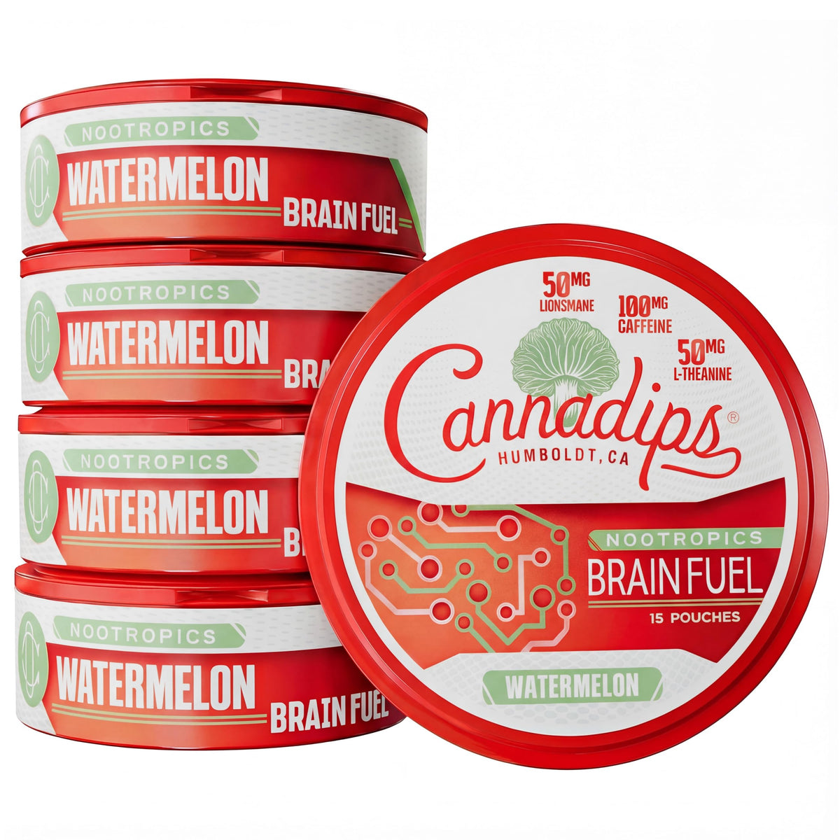 Cannadips vista frontal del empaque con sabor sandía y ventaja de energía limpia