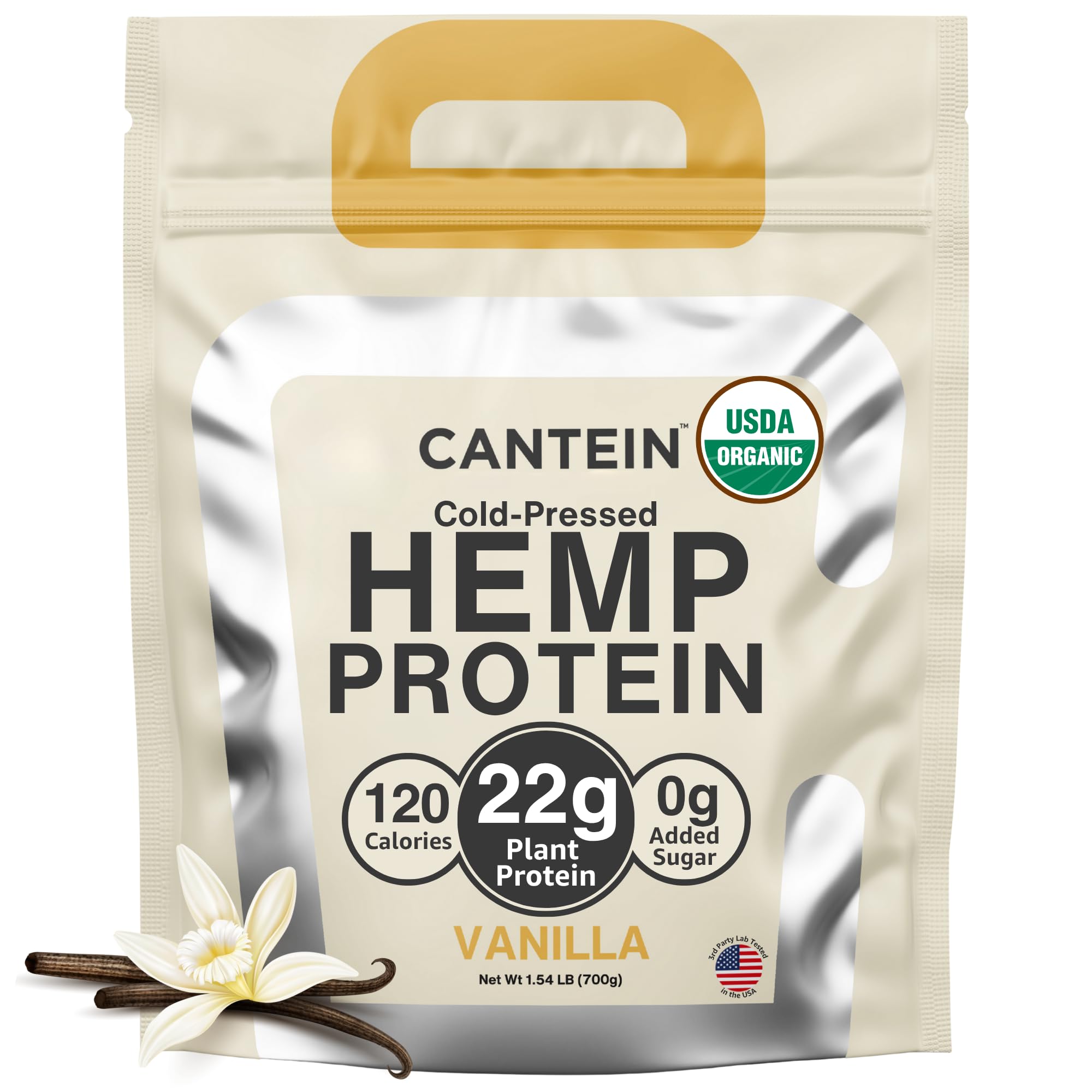 Cantein envase frontal mostrando sabor vainilla y lista de ingredientes limpios