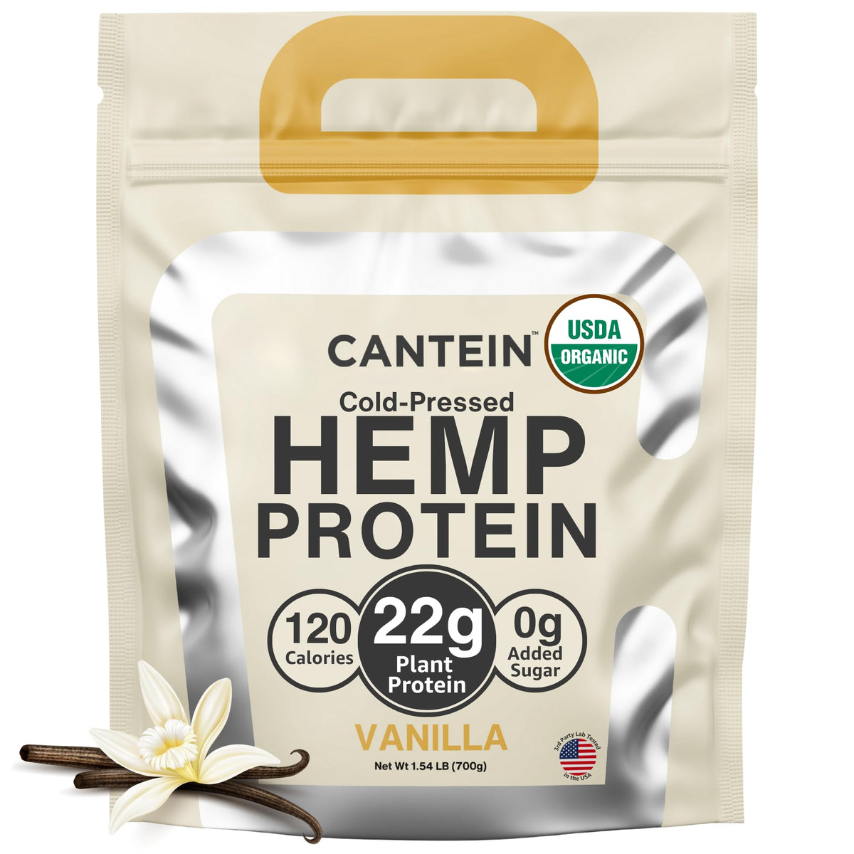 Cantein envase frontal mostrando sabor vainilla y lista de ingredientes limpios