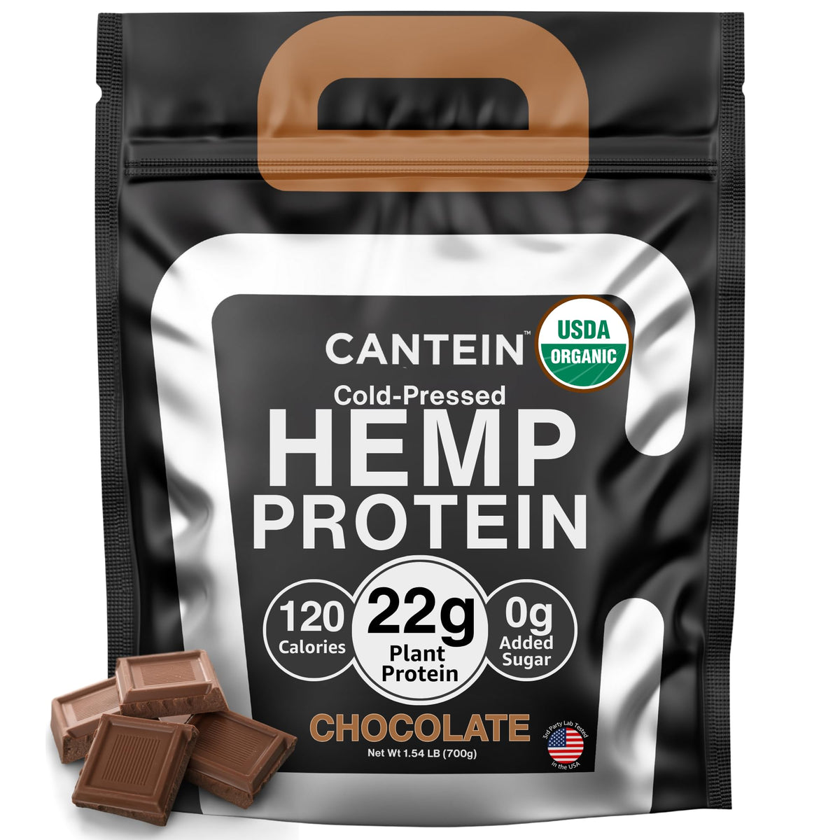 Cantein frasco frontal chocolate, etiqueta orgánica visible y beneficios claros