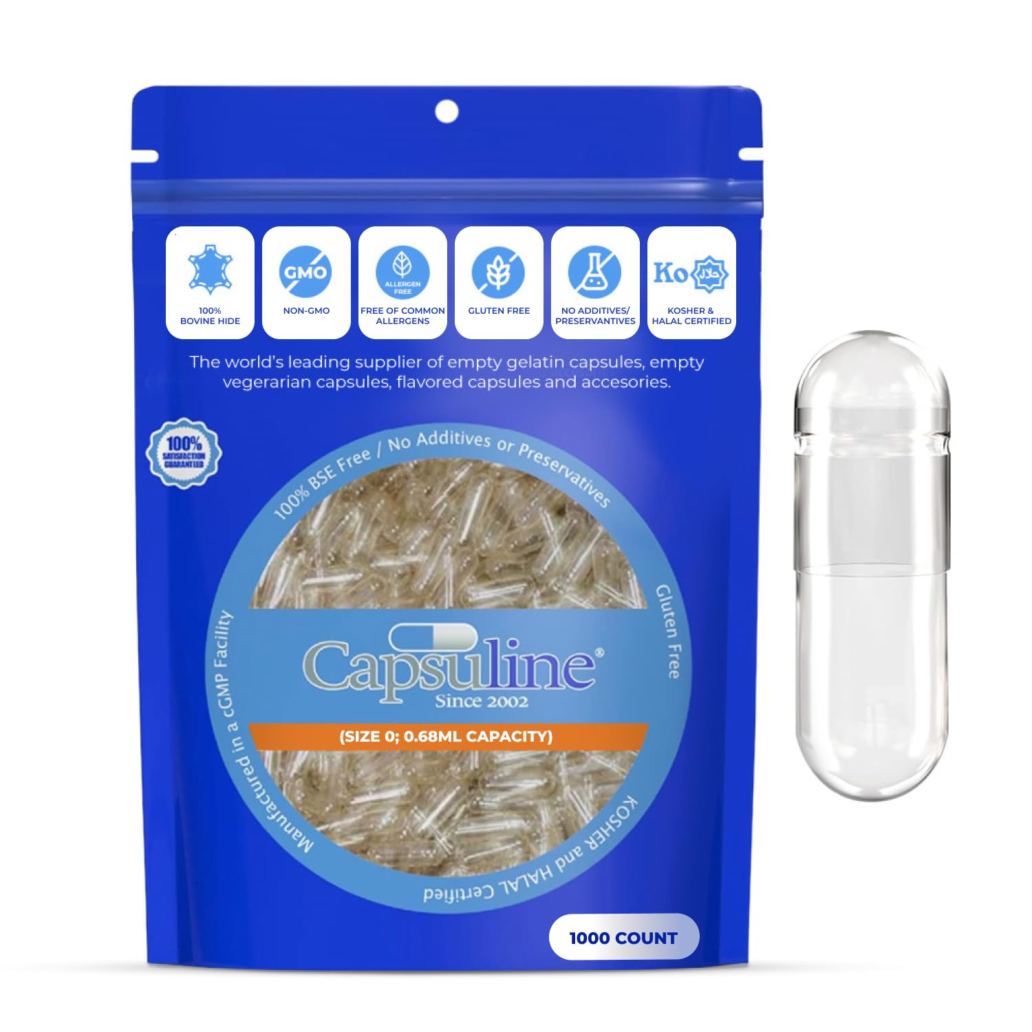 Capsuline envase frontal con 1000 cápsulas transparentes, confianza y cantidad segura