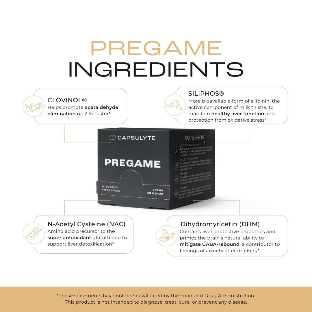 CAPSULYTE Pregame etiqueta con ingredientes DHM NAC y cardo mariano