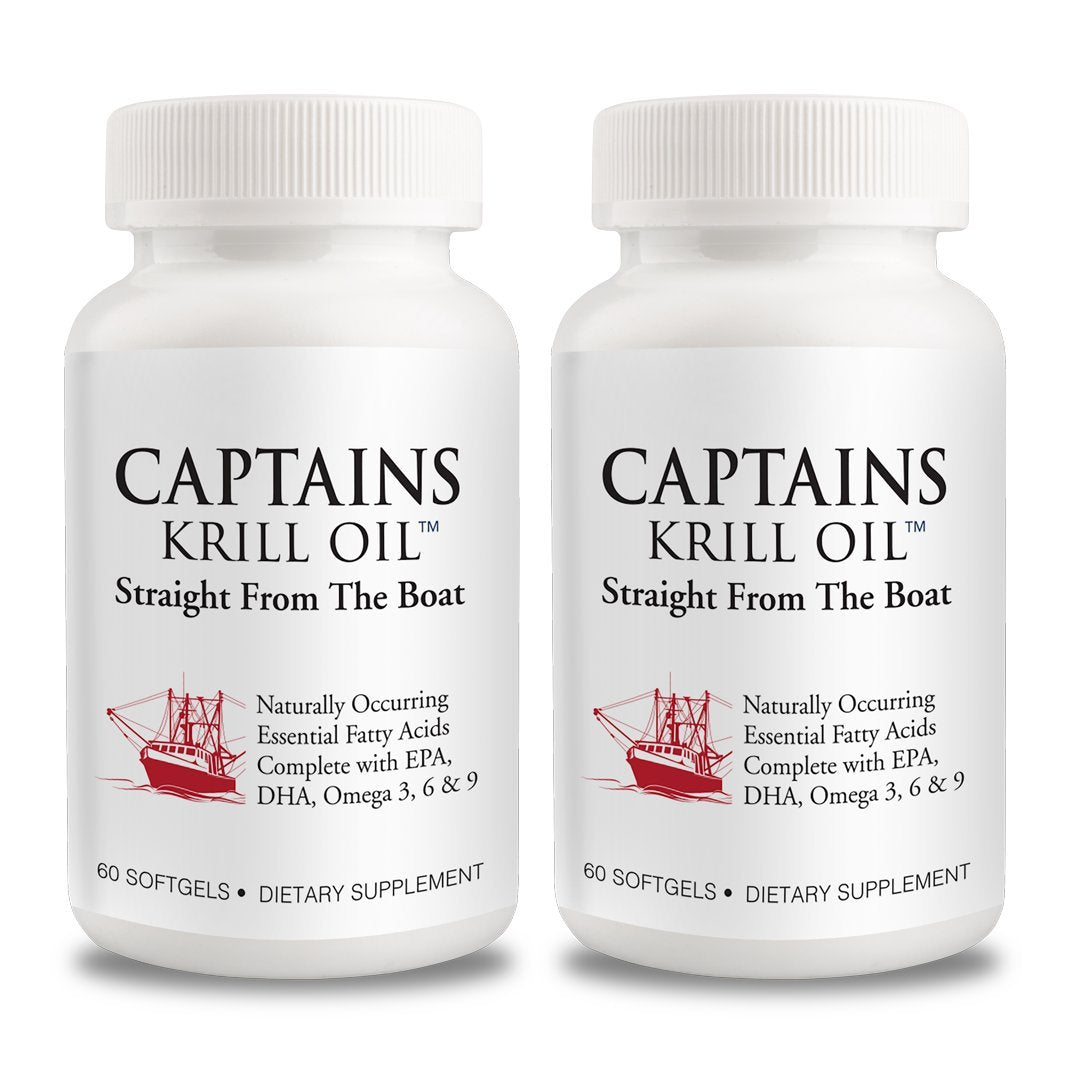 Captains Krill Oil frontal del envase mostrando el 2‑pack y beneficios