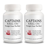 Captains Krill Oil frontal del envase mostrando el 2‑pack y beneficios