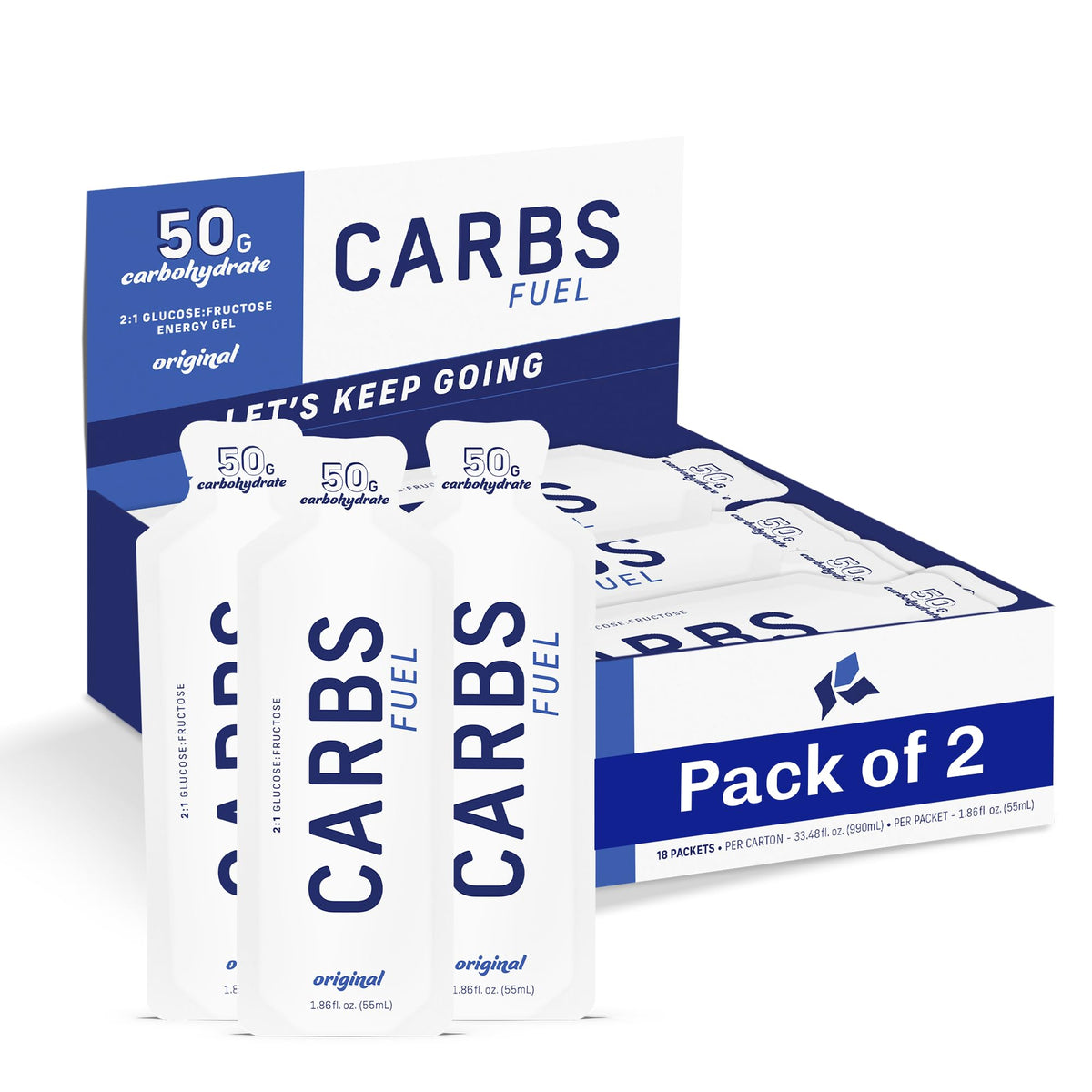 Carbs Fuel pack frontal mostrando diseño y cantidad del producto beneficiando logística