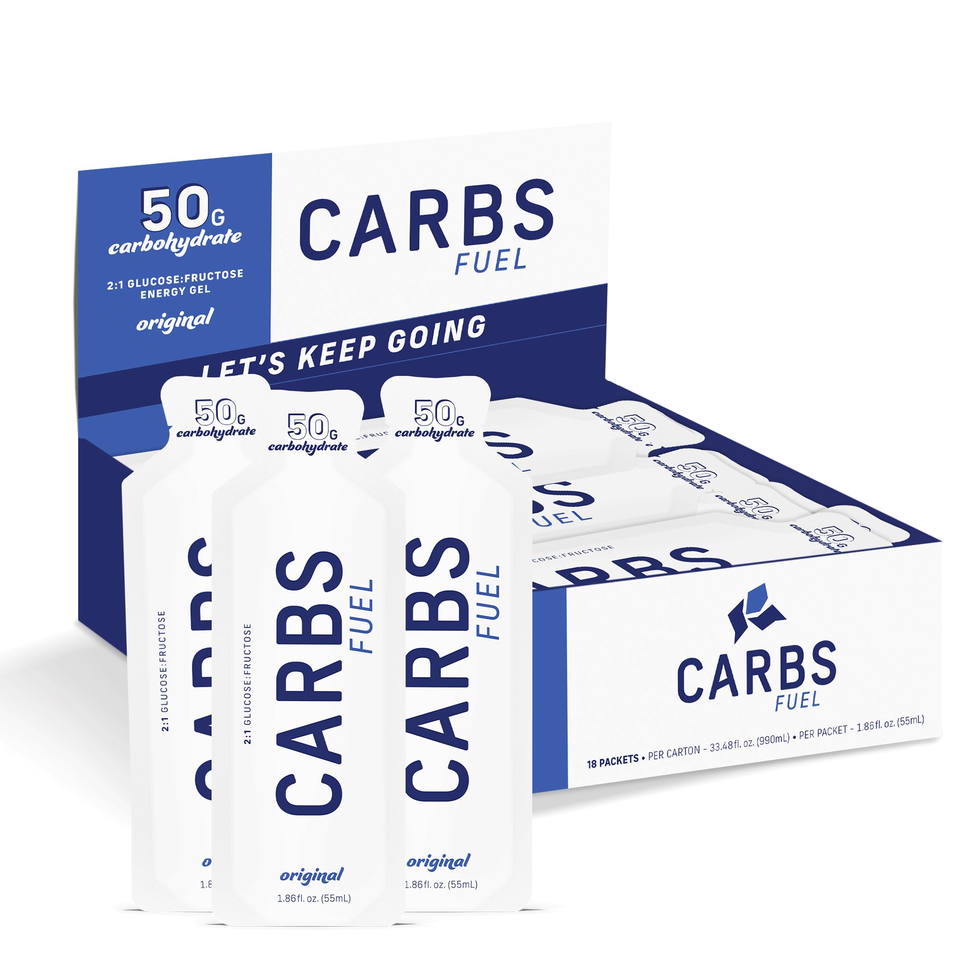 Carbs Fuel envase frontal mostrando 18 pack y beneficio energético