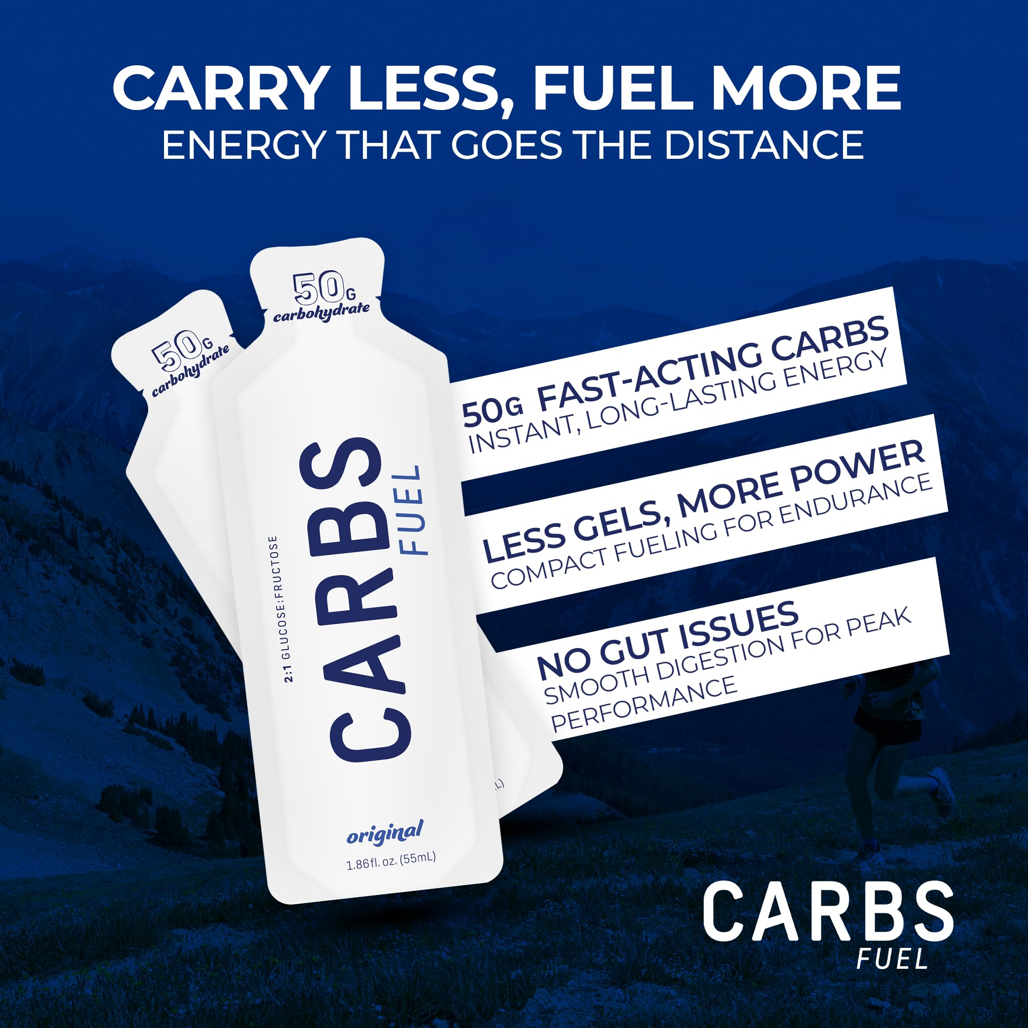 Carbs Fuel detalle del sobre y textura para ingestión fácil
