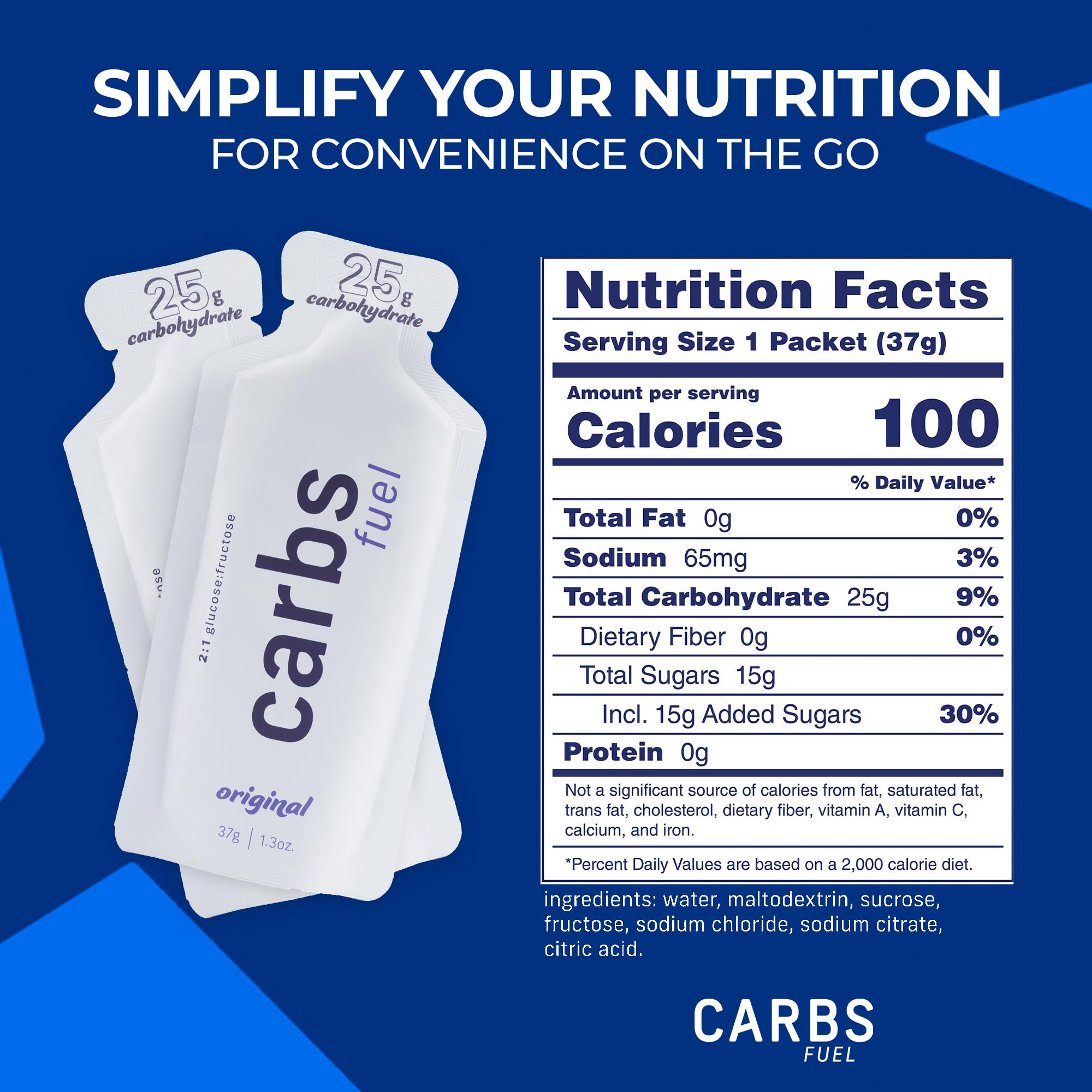 Carbs Fuel etiqueta nutricional mostrando 25 g carbohidratos