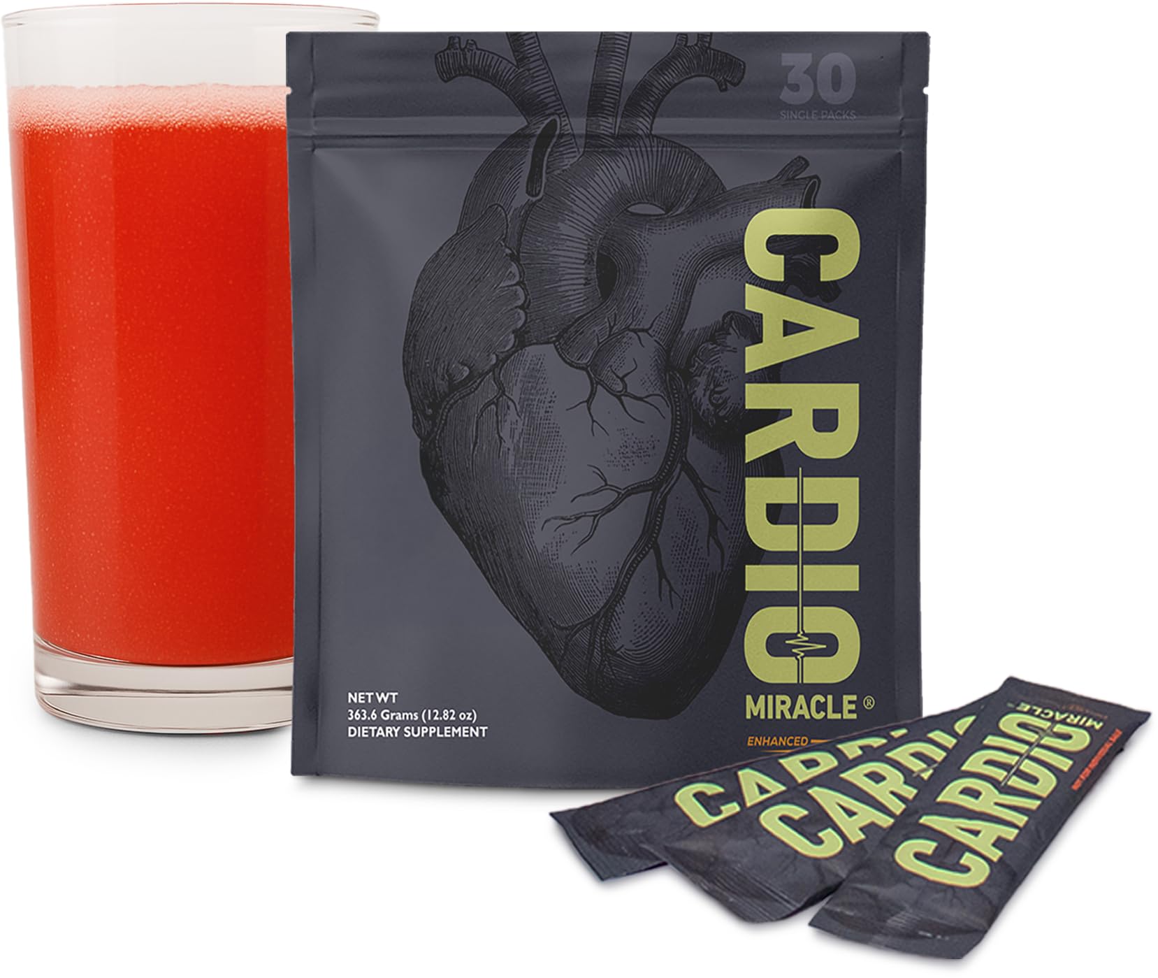 Cardio Miracle envase frontal mostrando sticks y marca, promoviendo conveniencia