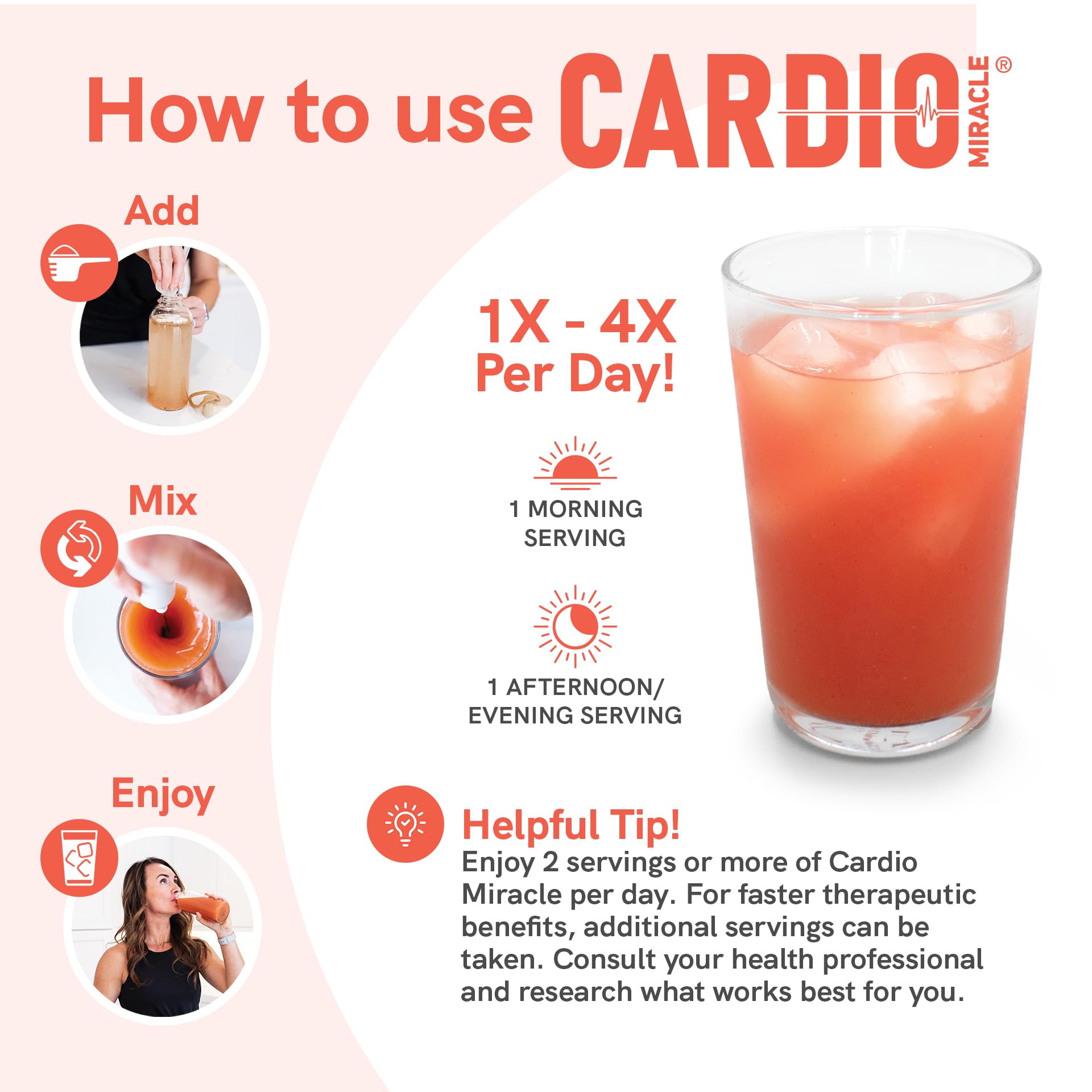 Cardio Miracle envase junto a frutas para comparar tamaño y 60 servicios