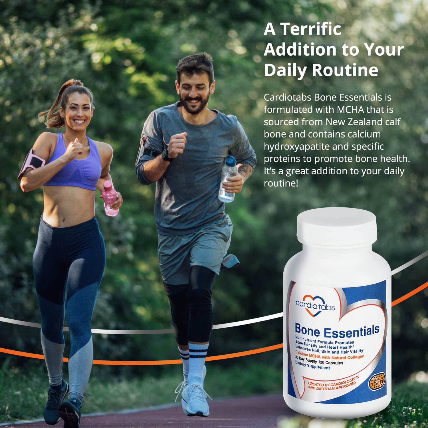 Mano junto a frasco CardioTabs para apreciar tamaño y dosis