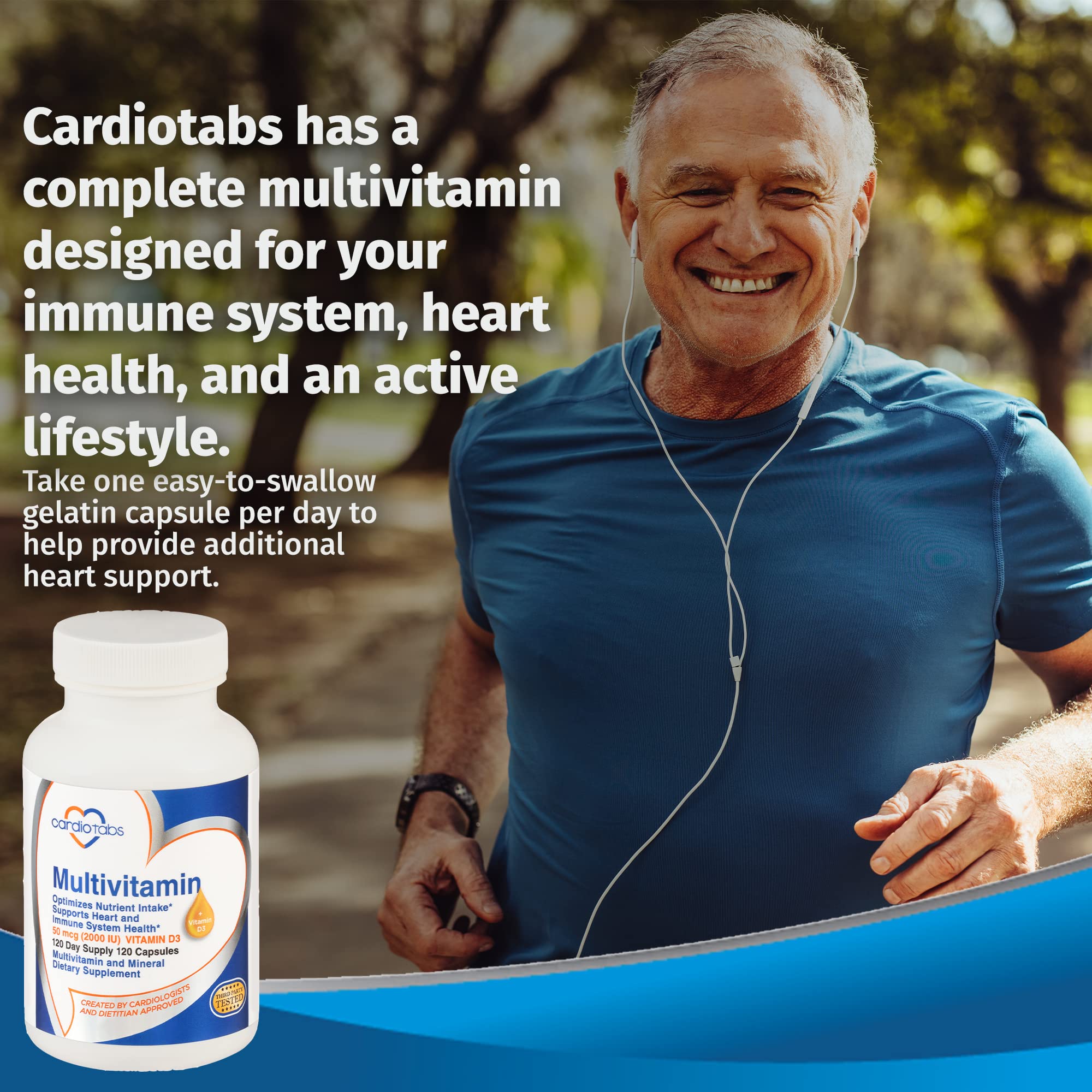 CardioTabs cápsulas junto a un desayuno sugiriendo toma matutina práctica