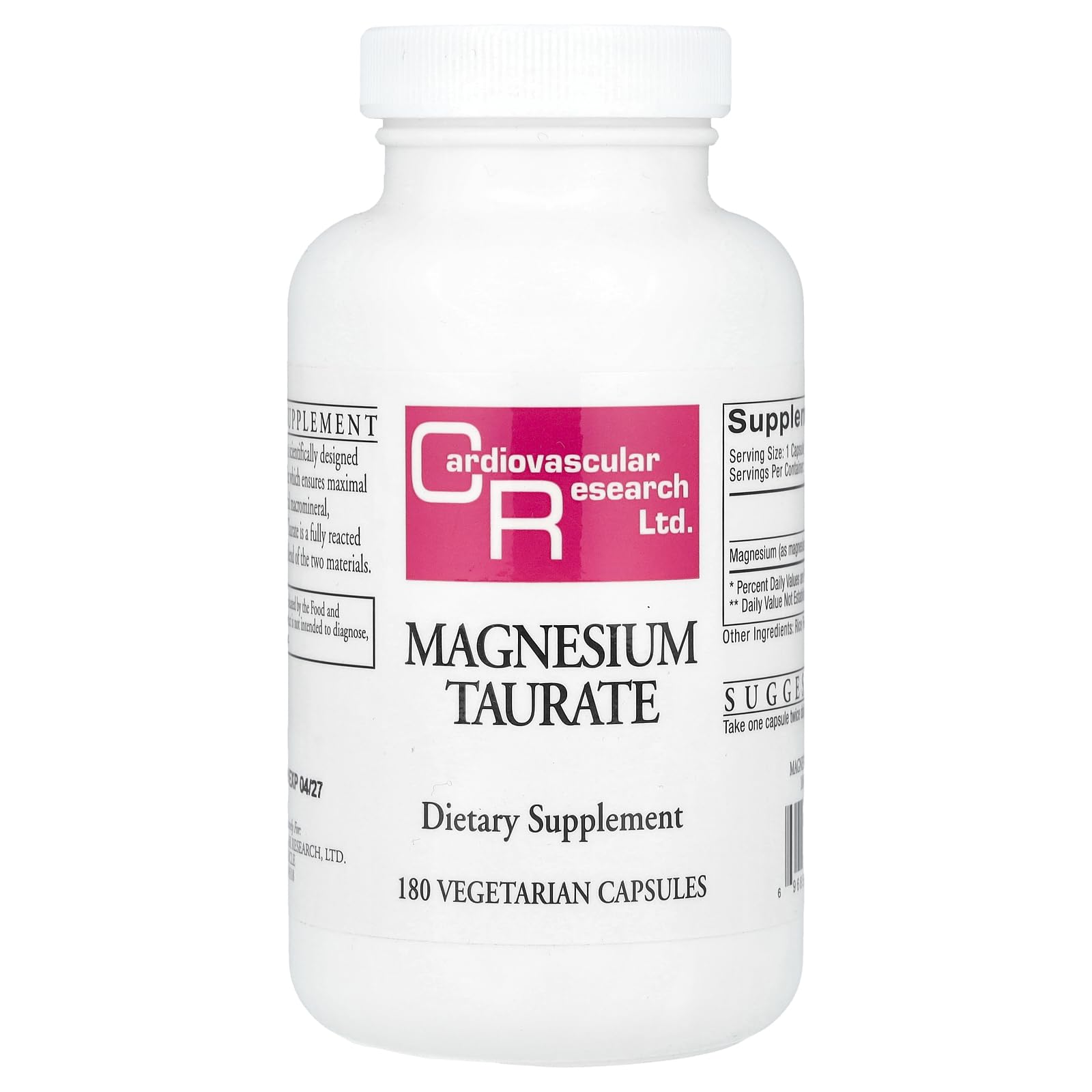 Cardiovascular Research envase frontal de Magnesium Taurate 125 mg mostrando 180 cápsulas y etiqueta clara
