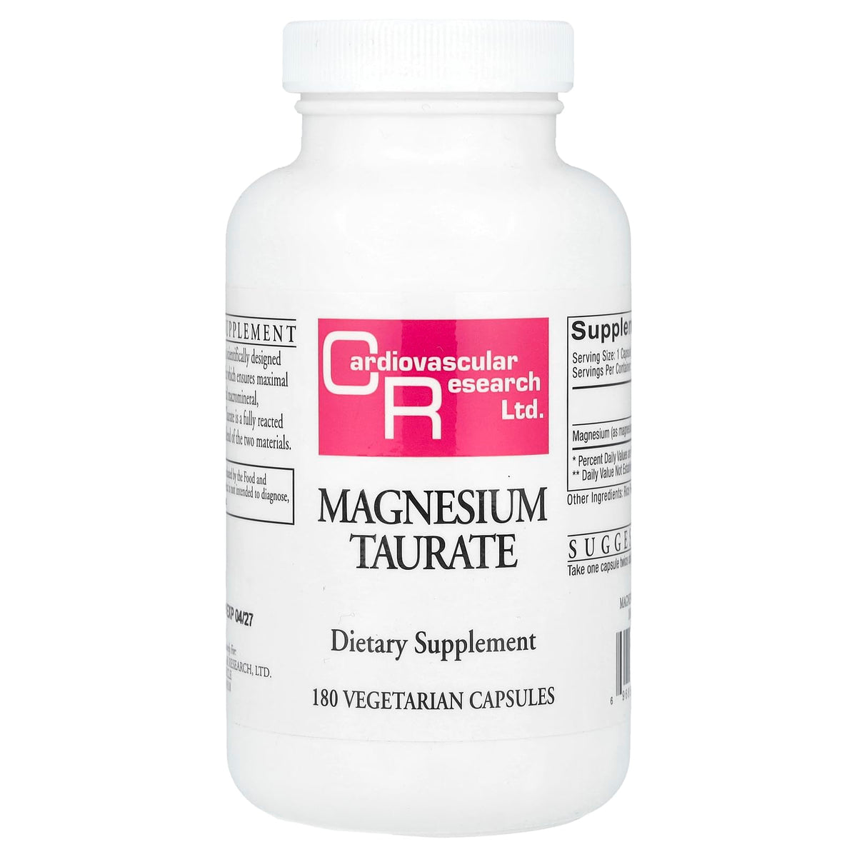 Cardiovascular Research envase frontal de Magnesium Taurate 125 mg mostrando 180 cápsulas y etiqueta clara