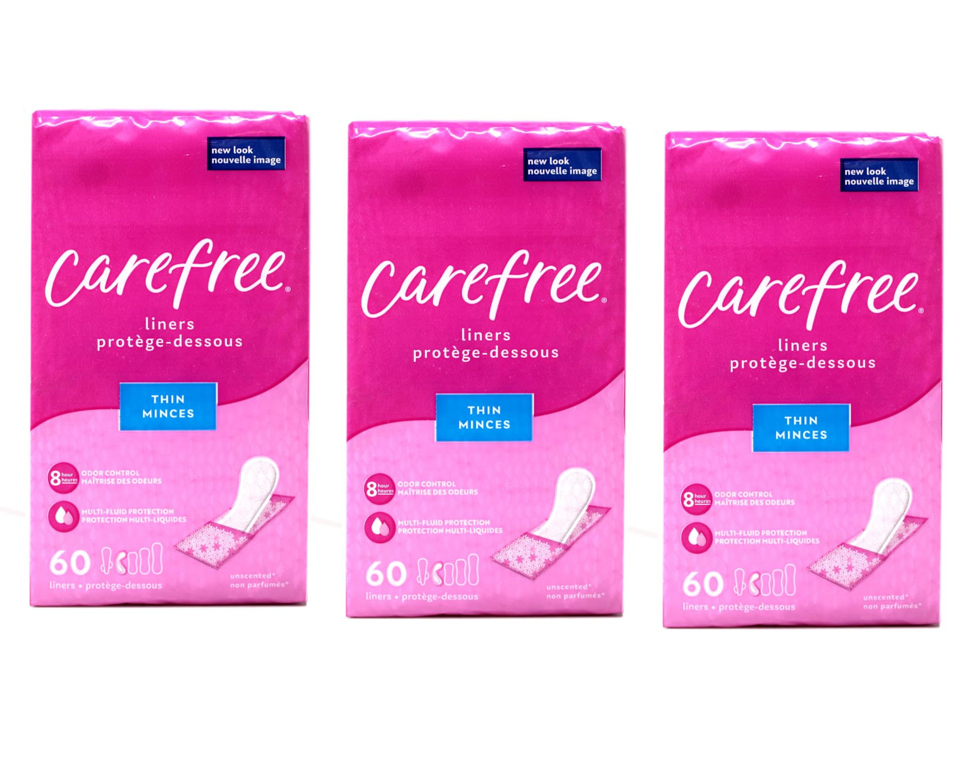 Carefree empaque frontal pack de 60 protectores, fácil identificación y transporte
